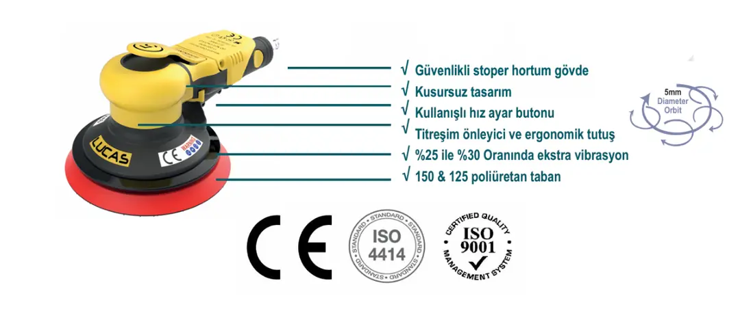 Lucas Orbital Air Sander merkezi vakumlu 150 çap 5 orbital havalı