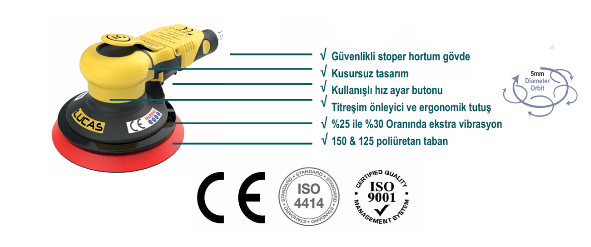 Lucas Orbital Air Sander merkezi vakumlu 150 çap 5 orbital havalı zımpara makinası