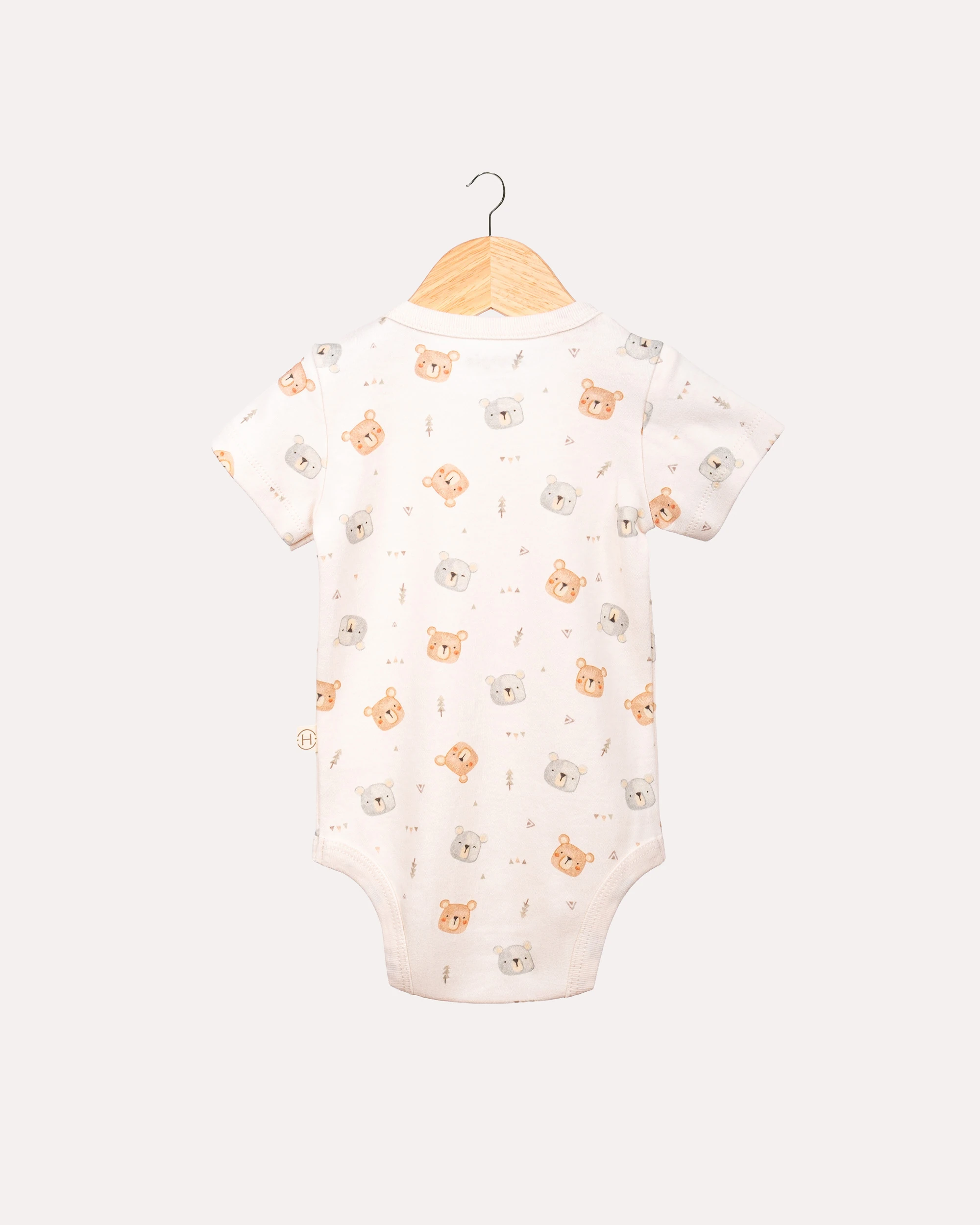 %100 Organik Pamuk GOTS Sertifikalı Kısa Kollu Teddy Desenli Bebek Body/Zıbın - Ekru