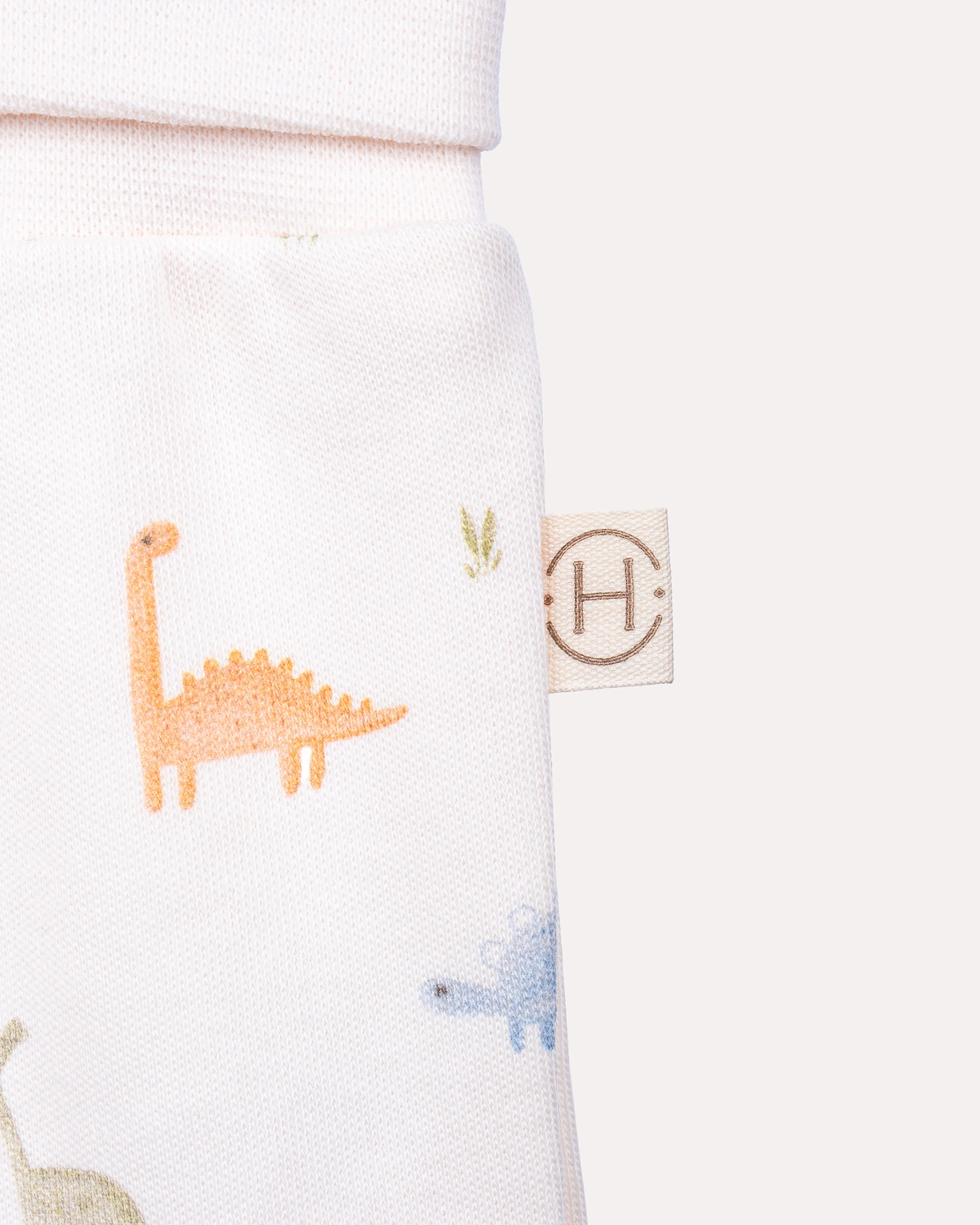 %100 Organik Pamuk GOTS Sertifikalı Patikli Dinozor Desenli Bebek Pantolon - Ekru