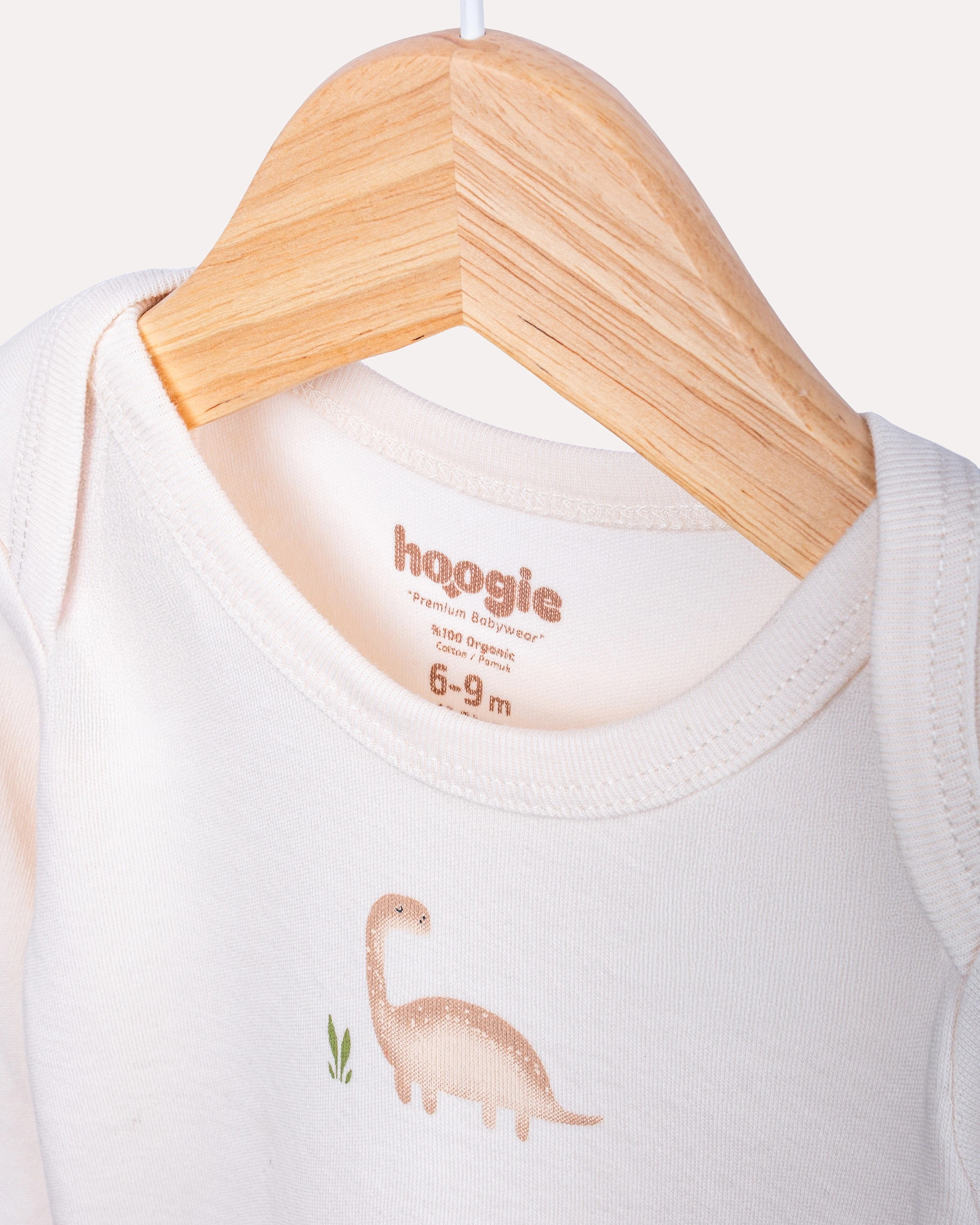 %100 Organik Pamuk GOTS Sertifikalı Uzun Kollu Dinozor Desenli Bebek Body/Zıbın - Pudra