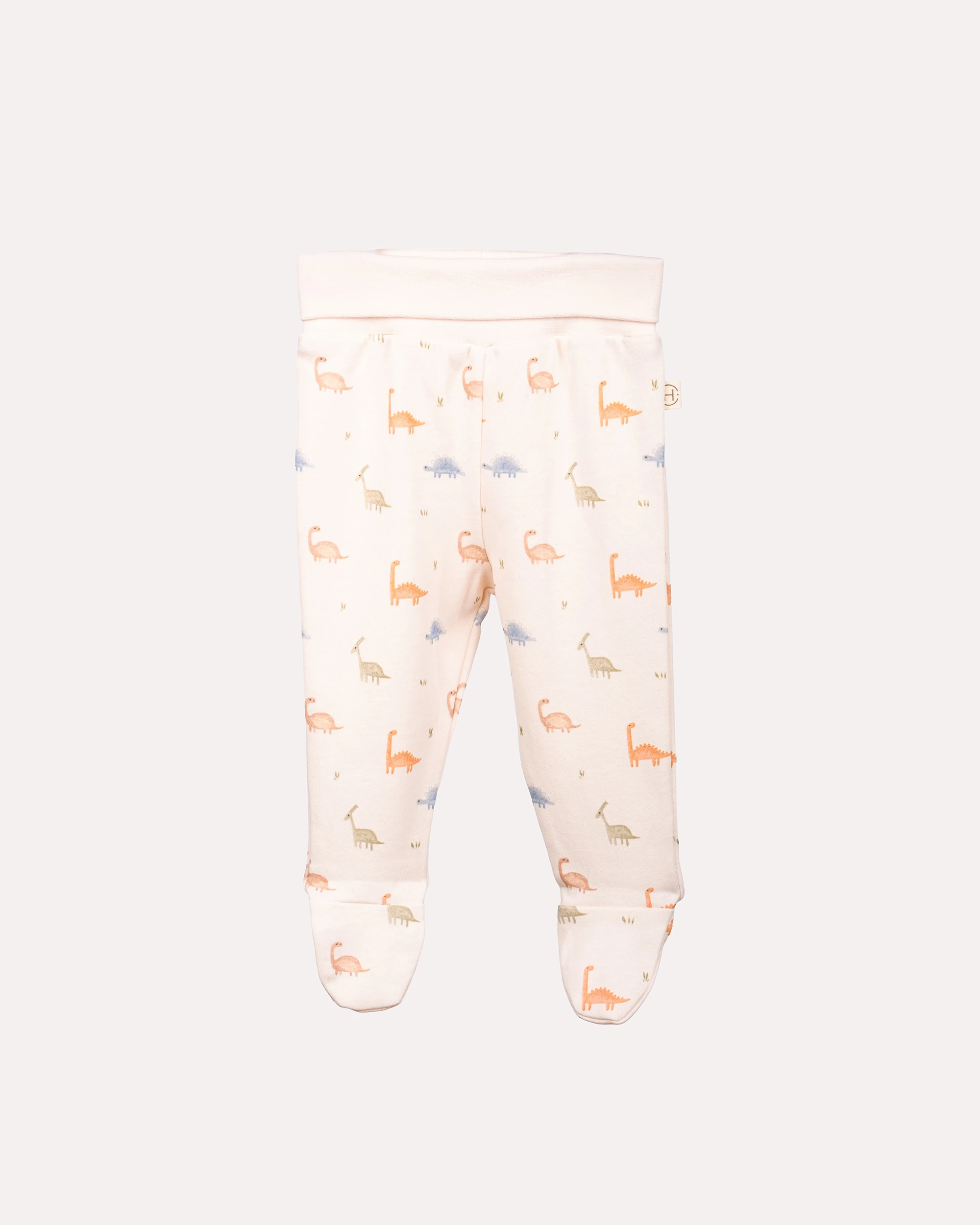 %100 Organik Pamuk GOTS Sertifikalı Patikli Dinozor Desenli Bebek Pantolon - Ekru image