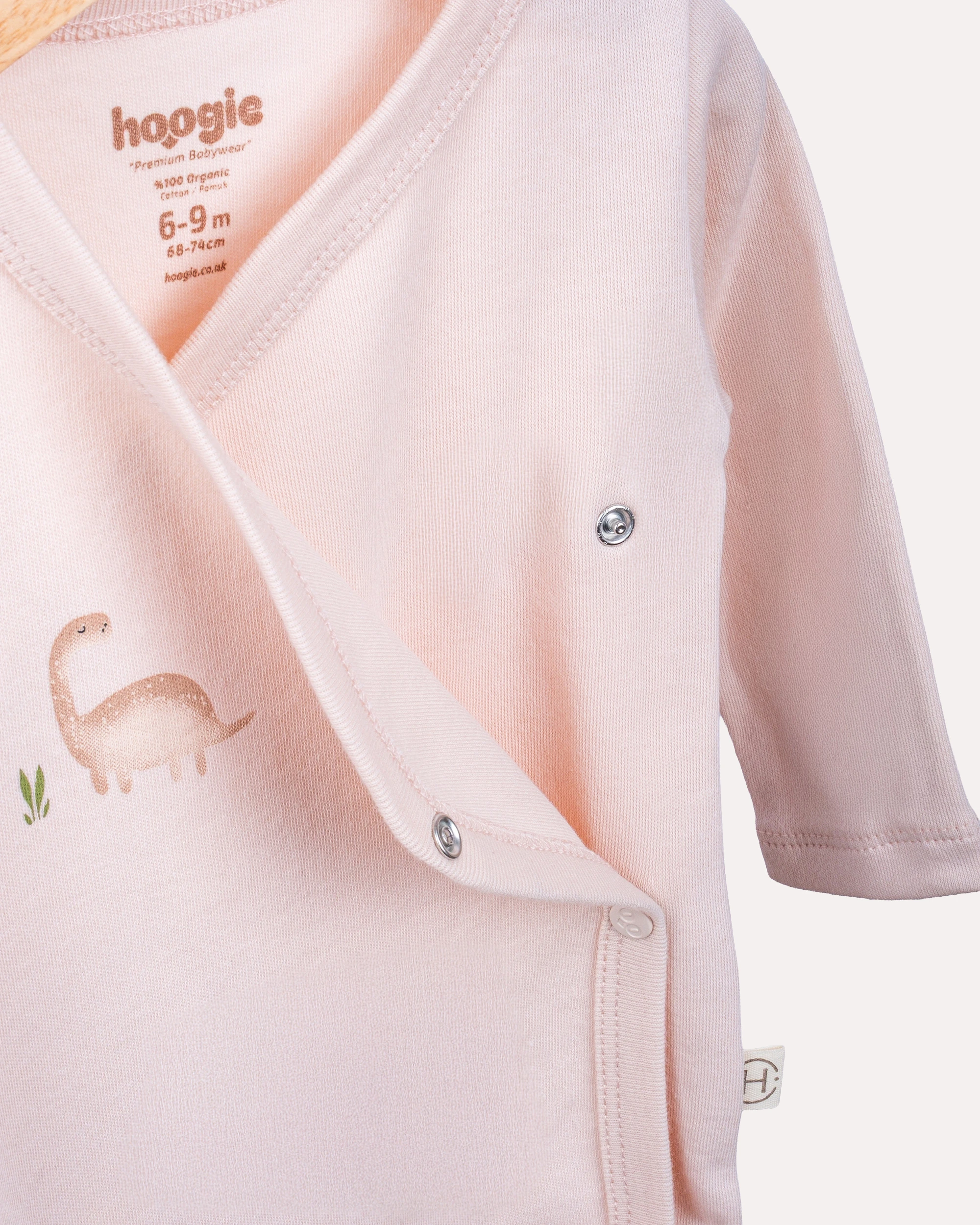 %100 Organik Pamuk GOTS Sertifikalı Kruvaze Dinozor Desenli Bebek Body/Zıbın - Pudra