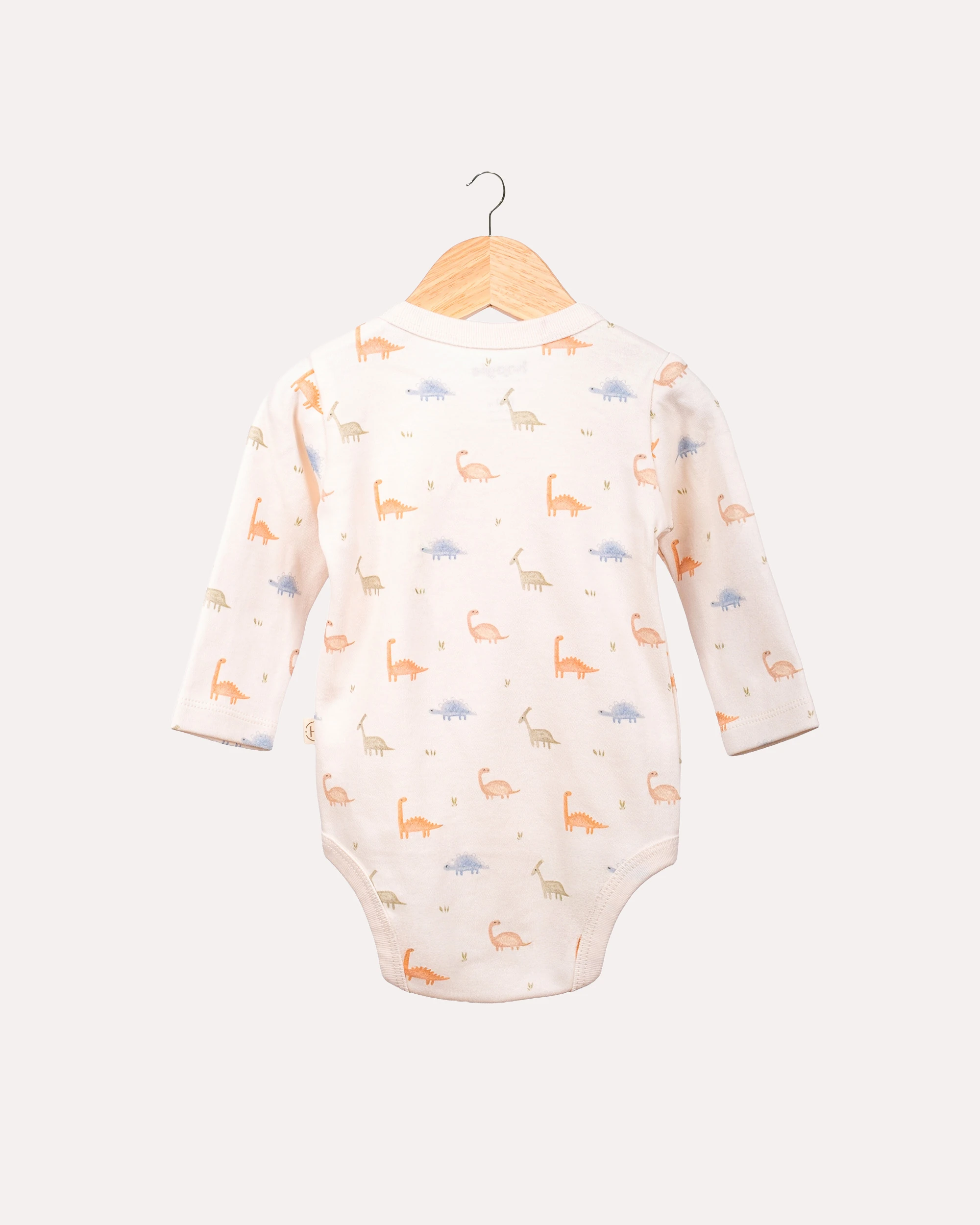 %100 Organik Pamuk GOTS Sertifikalı Kruvaze Dinozor Desenli Bebek Body/Zıbın - Ekru