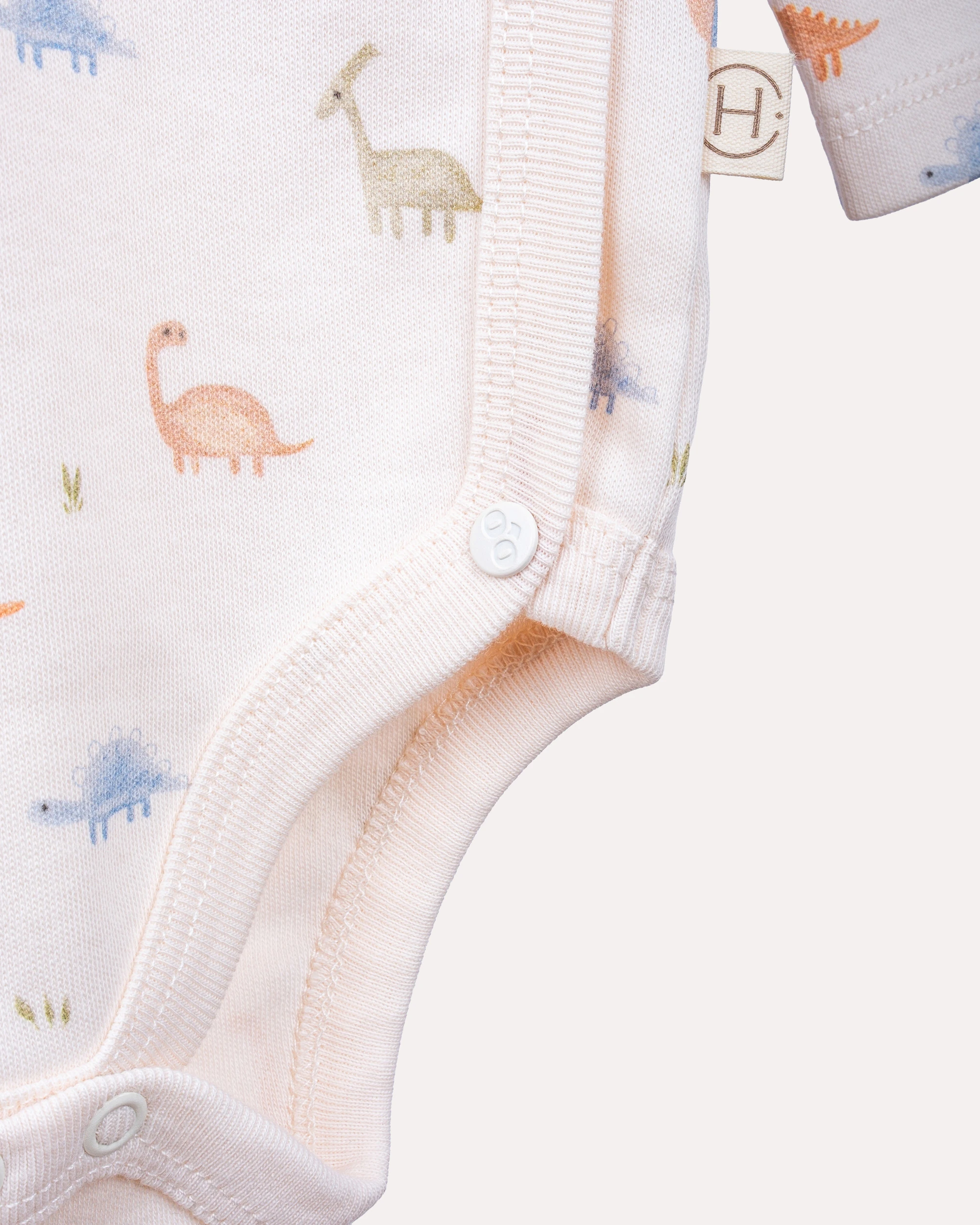 %100 Organik Pamuk GOTS Sertifikalı Kruvaze Dinozor Desenli Bebek Body/Zıbın - Ekru