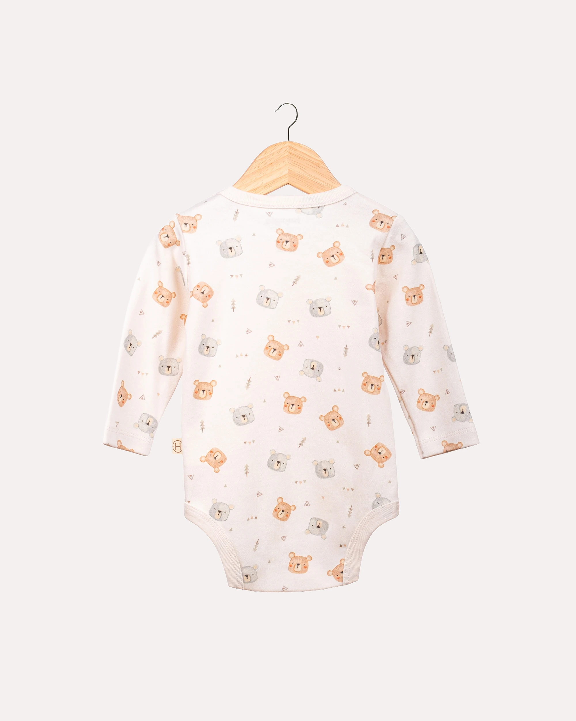 %100 Organik Pamuk GOTS Sertifikalı Uzun Kollu Teddy Desenli Bebek Body/Zıbın - Ekru