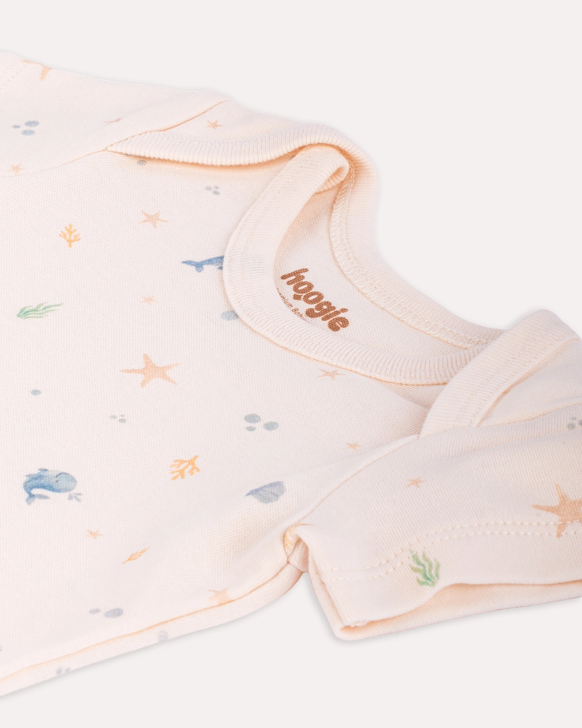 %100 Organik Pamuk GOTS Sertifikalı Kısa Kollu Okyanus Desenli Bebek Body/Zıbın - Ekru