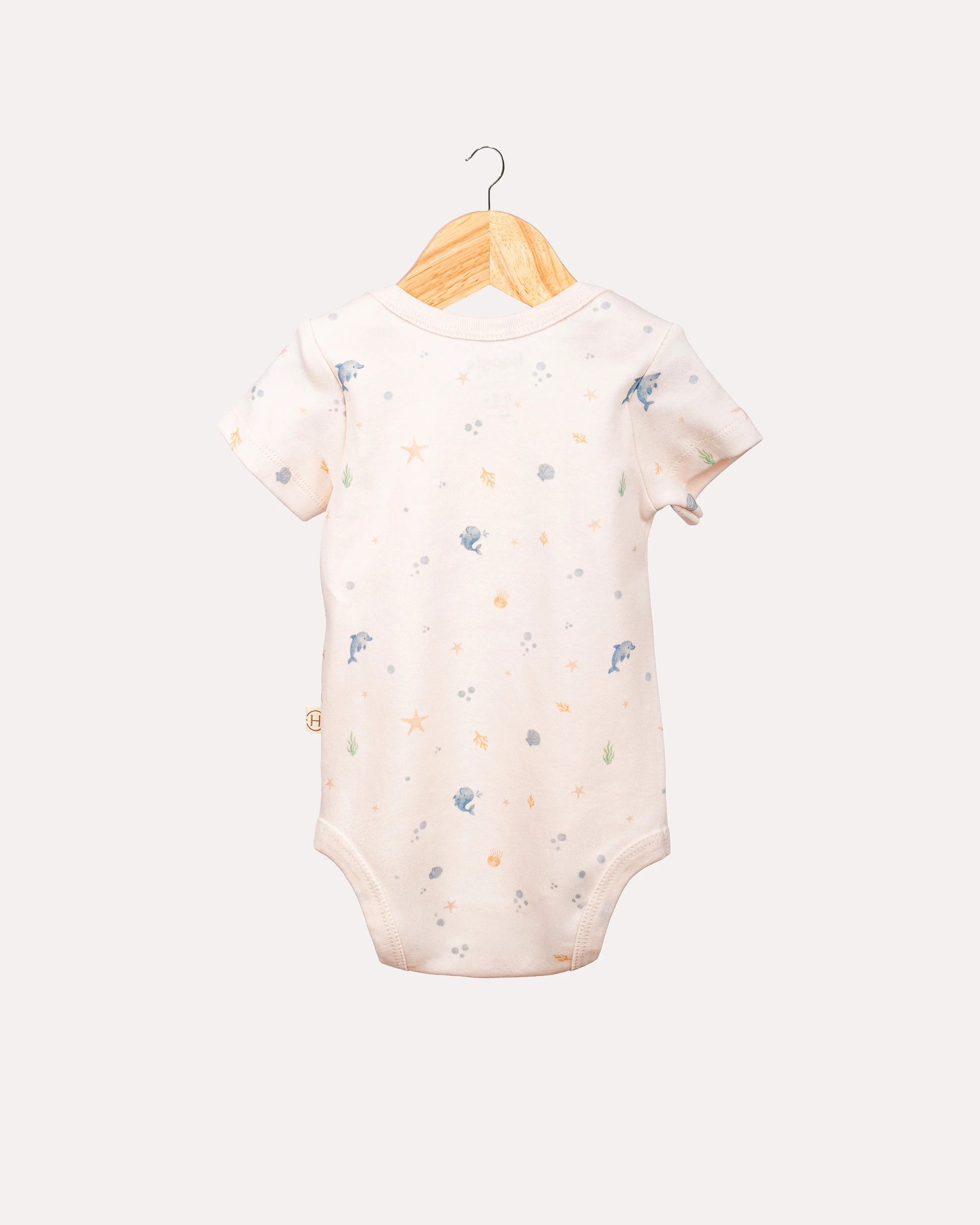 %100 Organik Pamuk GOTS Sertifikalı Kısa Kollu Okyanus Desenli Bebek Body/Zıbın - Ekru