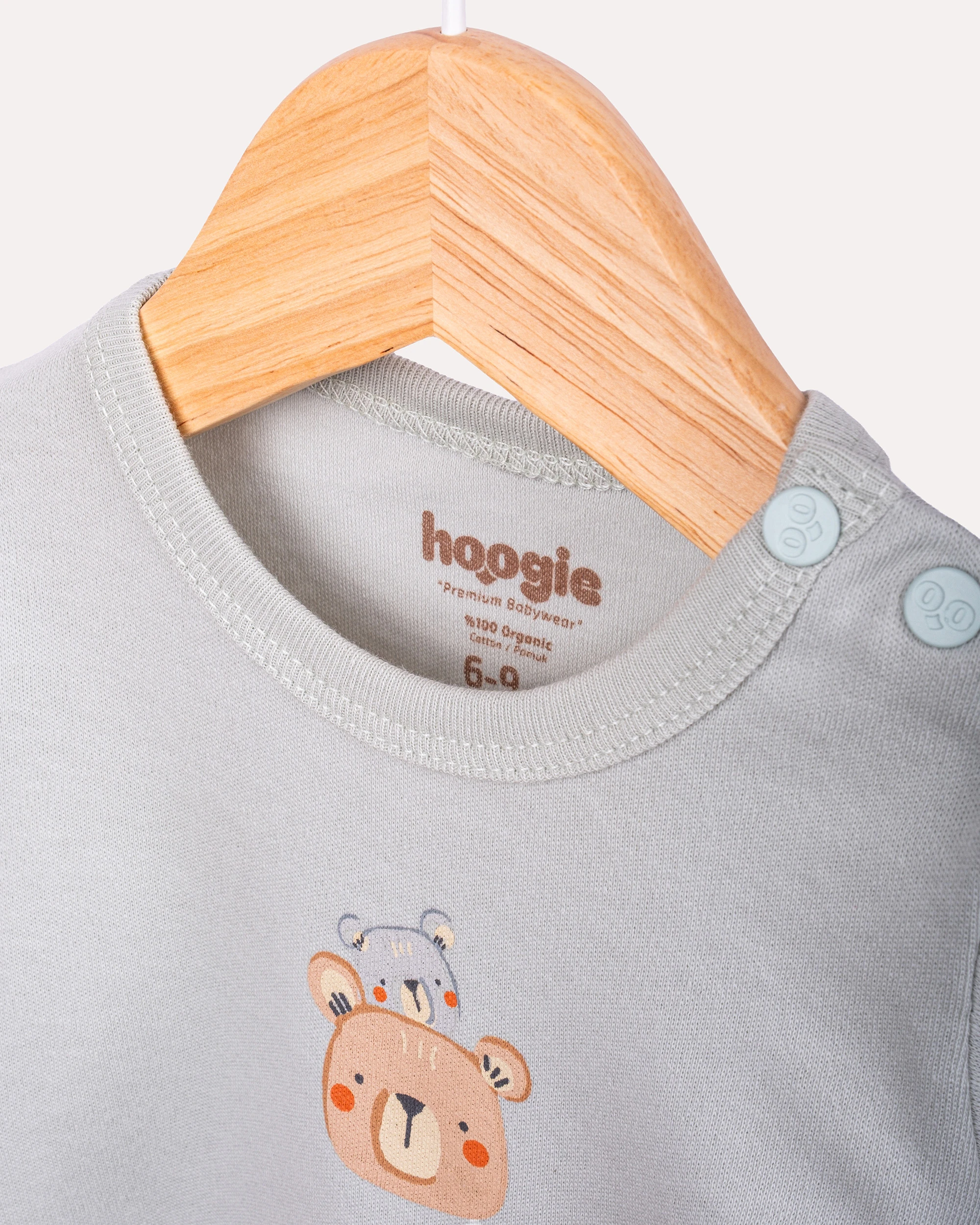 %100 Organik Pamuk GOTS Sertifikalı Uzun Kollu Teddy Desenli Bebek Body/Zıbın - Mint