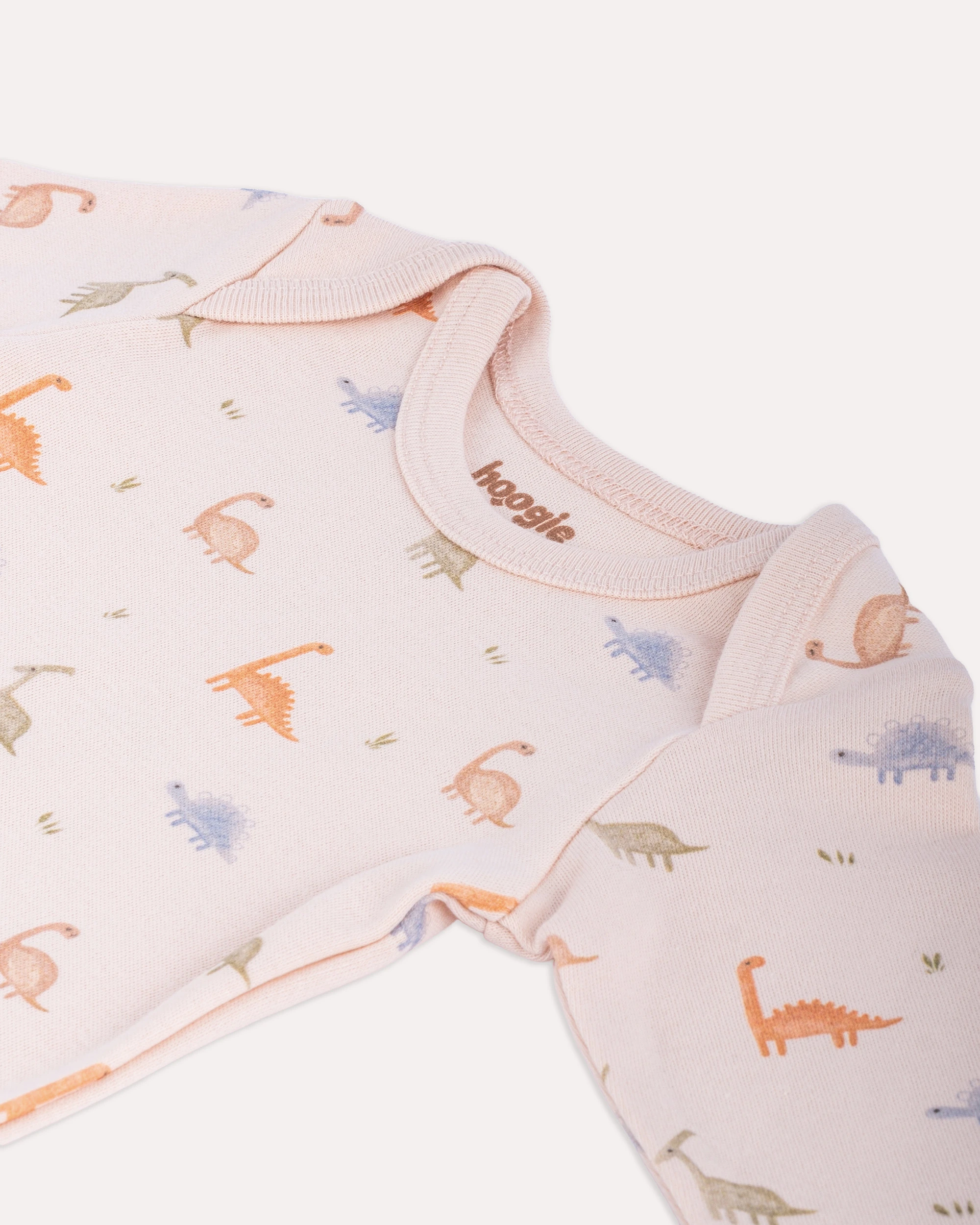 %100 Organik Pamuk GOTS Sertifikalı Uzun Kollu Dinozor Desenli Bebek Body/Zıbın - Ekru