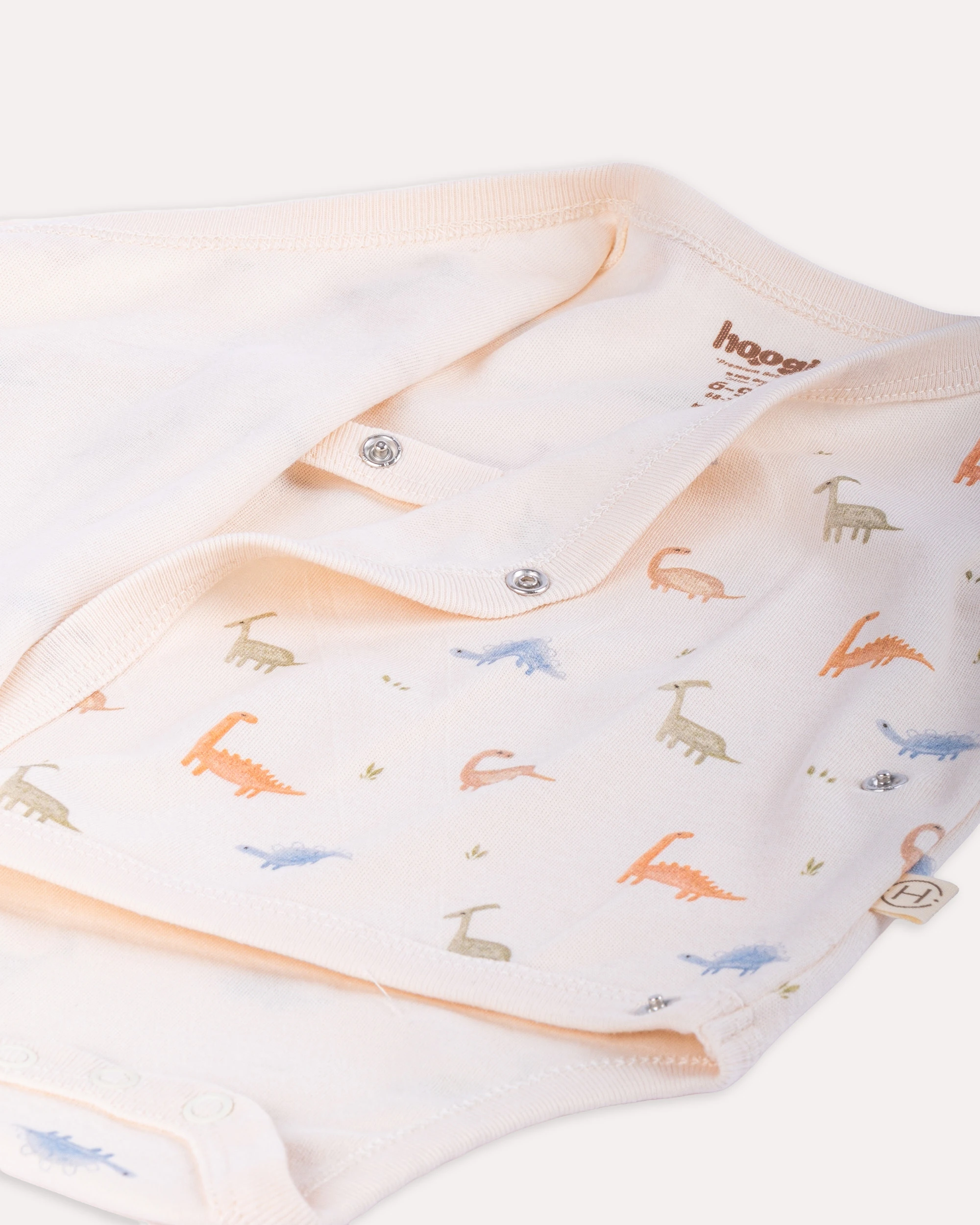 %100 Organik Pamuk GOTS Sertifikalı Kruvaze Dinozor Desenli Bebek Body/Zıbın - Ekru