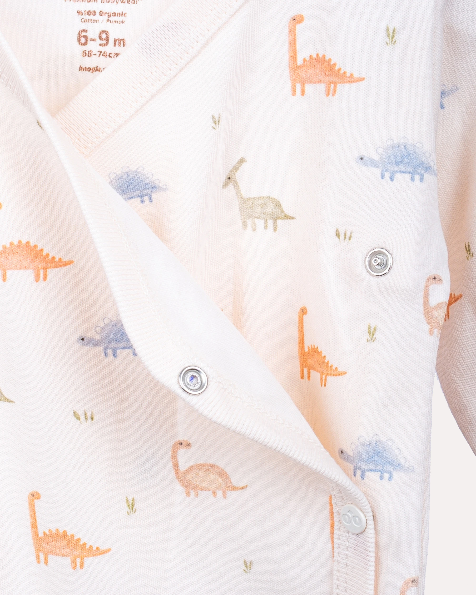 %100 Organik Pamuk GOTS Sertifikalı Kruvaze Dinozor Desenli Bebek Body/Zıbın - Ekru