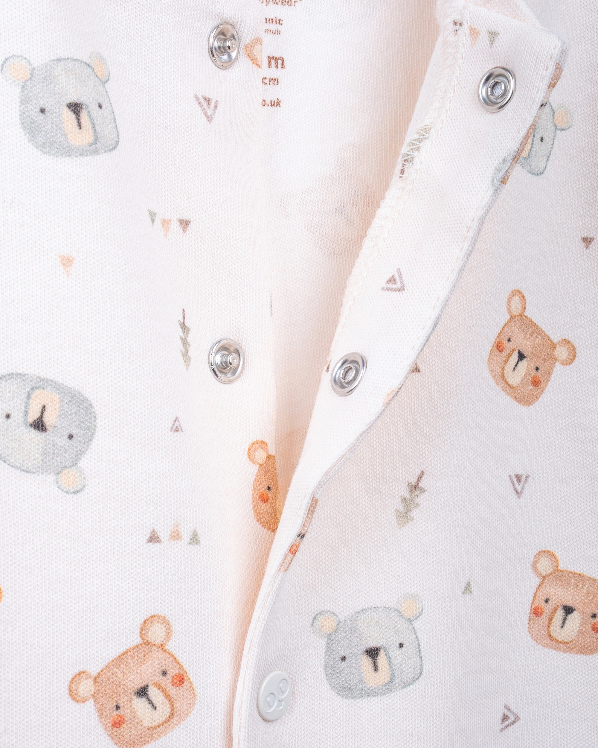 %100 Organik Pamuk GOTS Sertifikalı Patikli Çıtçıtlı Teddy Bebek & Yenidoğan Tulum - Ekru / Ayıcık Desenli