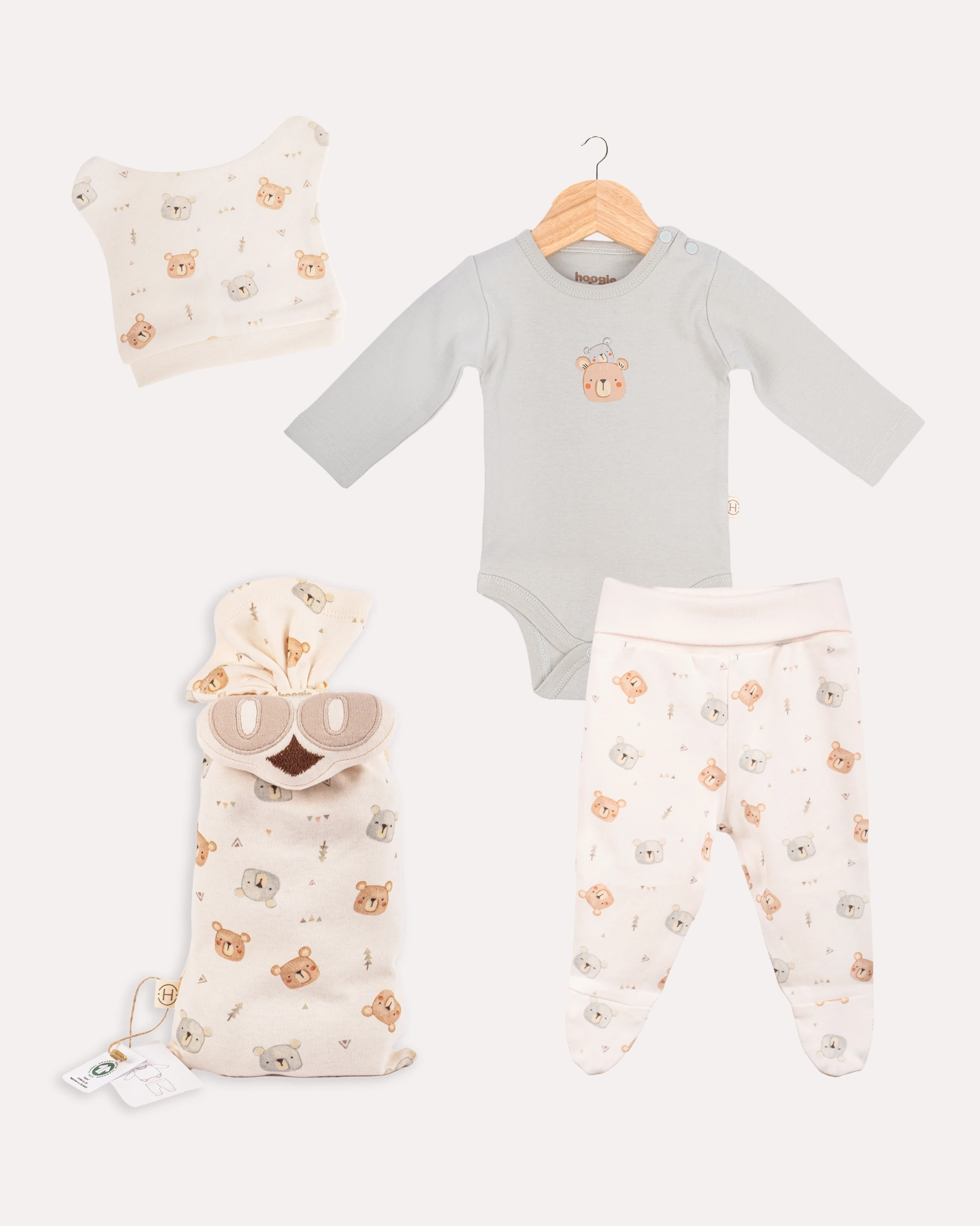 %100 Organik Pamuk GOTS Sertifikalı 3’lü Keseli Ayıcık Yenidoğan Hastane Çıkışı Set - Ekru / Mint image