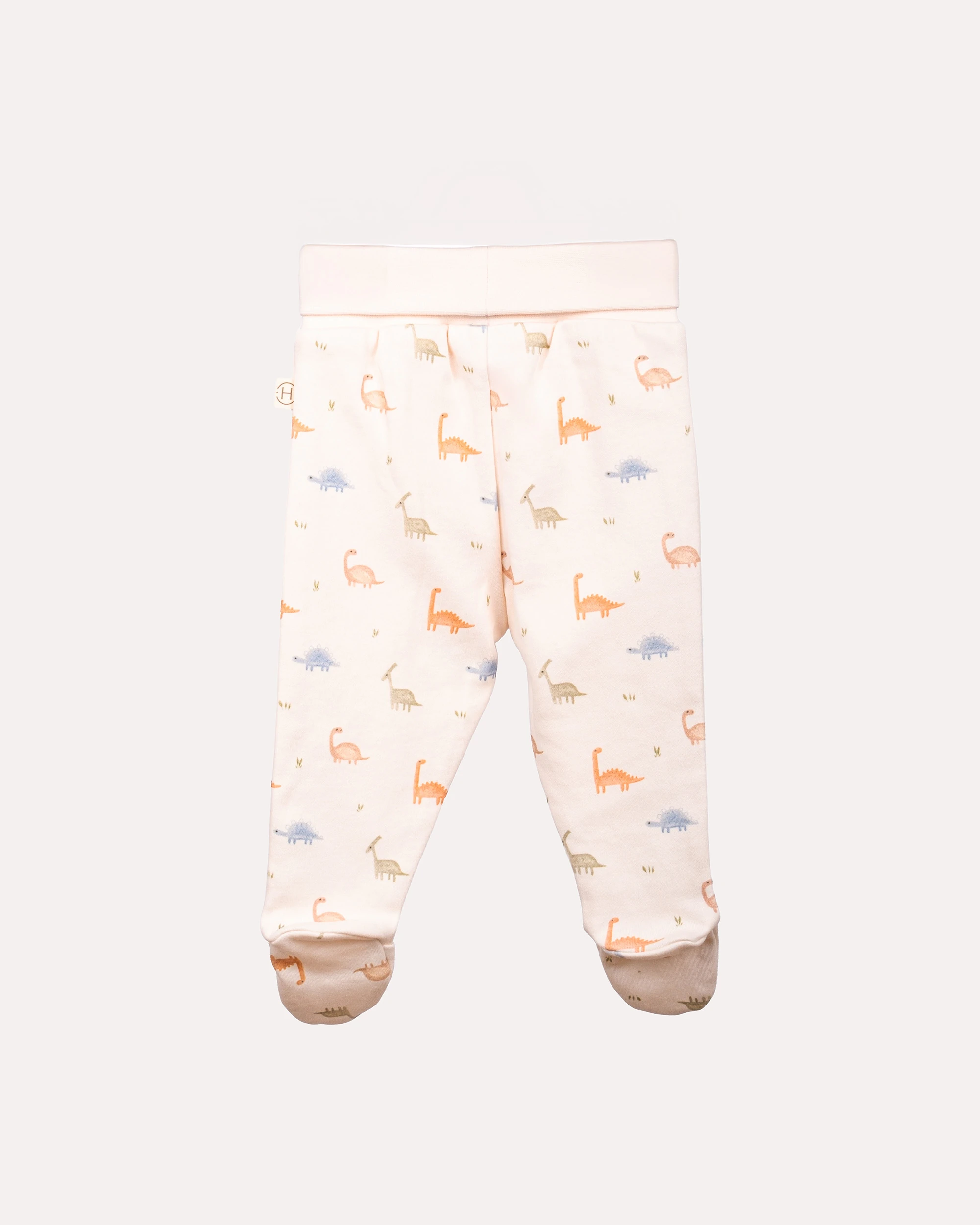 %100 Organik Pamuk GOTS Sertifikalı Patikli Dinozor Desenli Bebek Pantolon - Ekru
