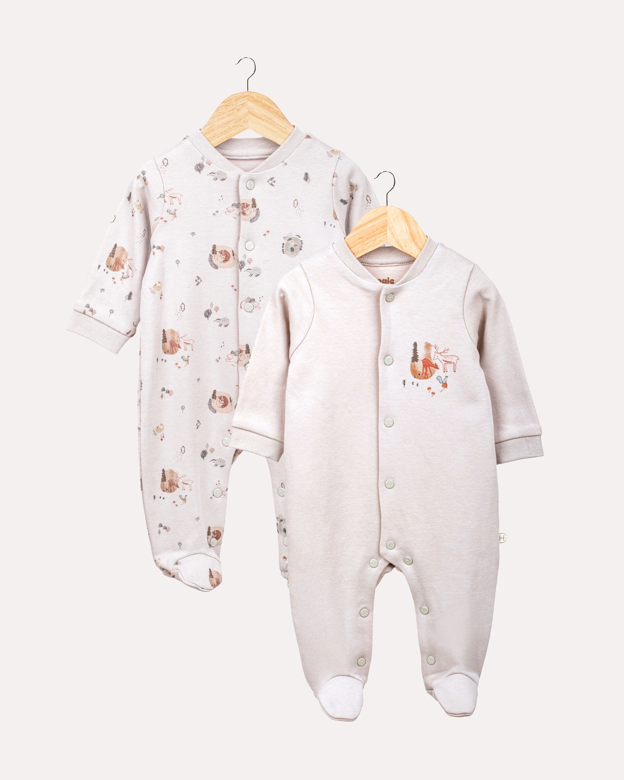 2'li Patikli Çıtçıtlı Orman Desenli Bebek & Yenidoğan Tulum - Taş Rengi image