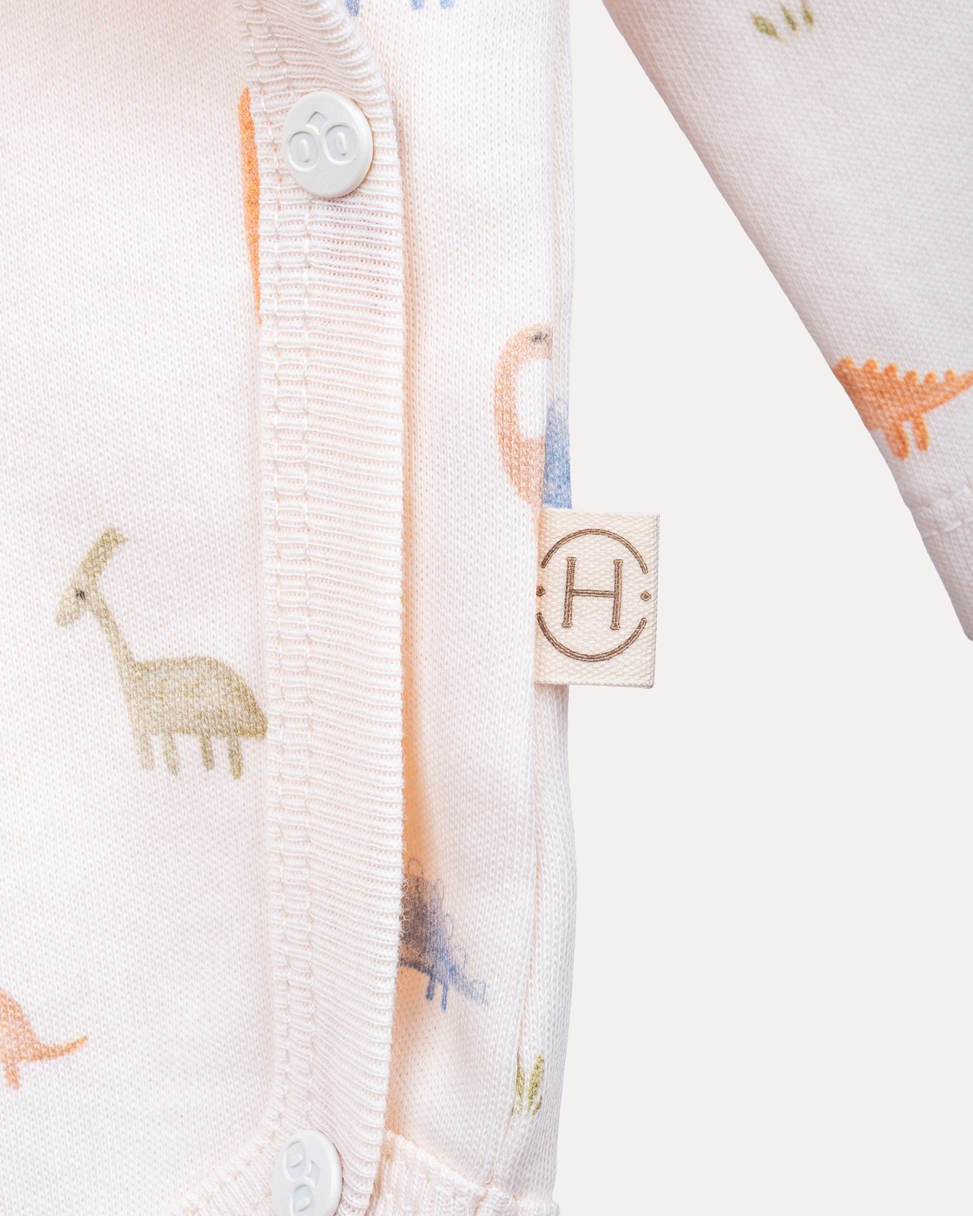 %100 Organik Pamuk GOTS Sertifikalı Kruvaze Dinozor Desenli Bebek Body/Zıbın - Ekru