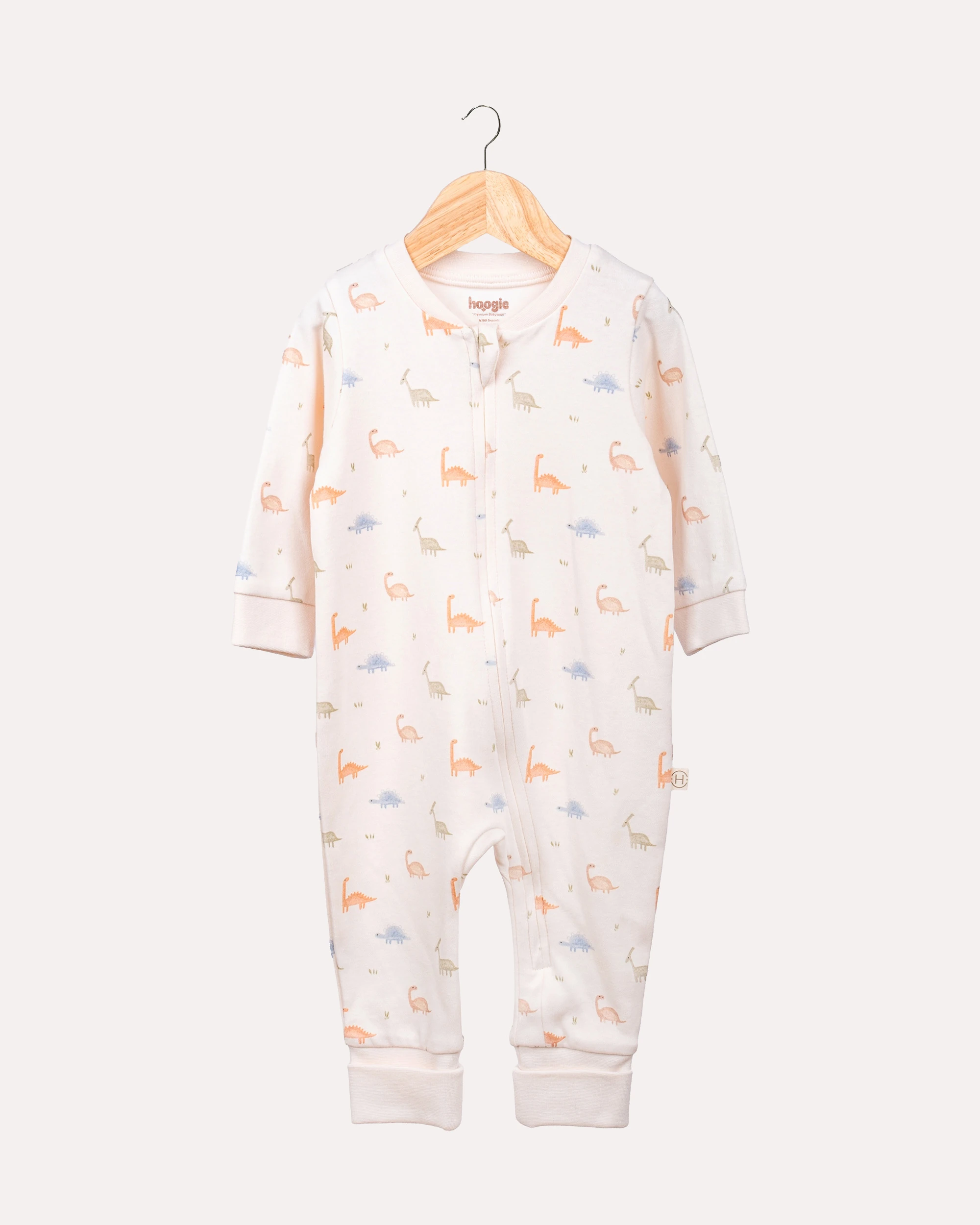 %100 Organik Pamuk GOTS Sertifikalı Fermuarlı Dinosaur Bebek Tulum - Ekru/Dinozor Desenli image