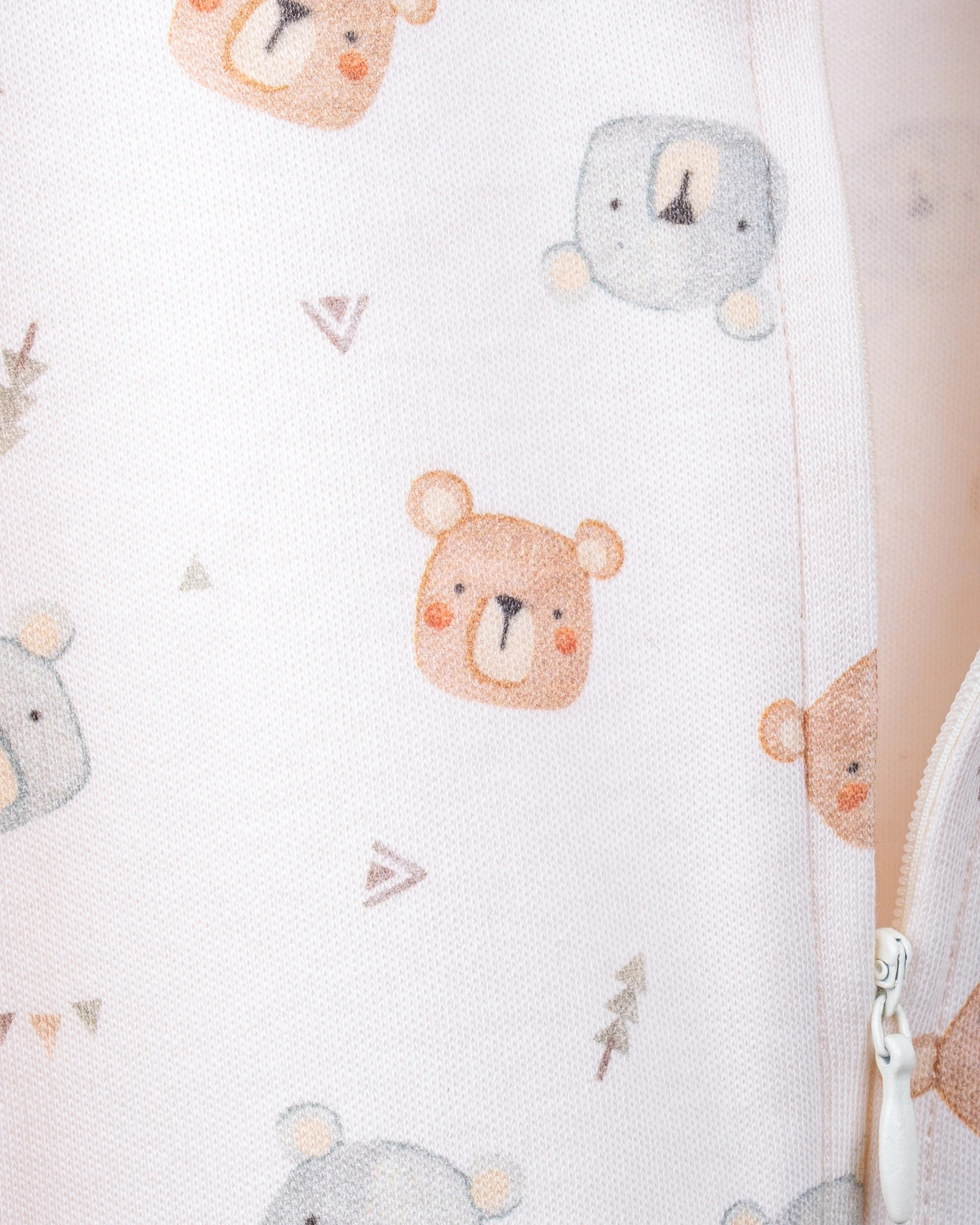 %100 Organik Pamuk GOTS Sertifikalı Fermuarlı Teddy Bebek Tulum - Ekru/Ayıcık Desenli