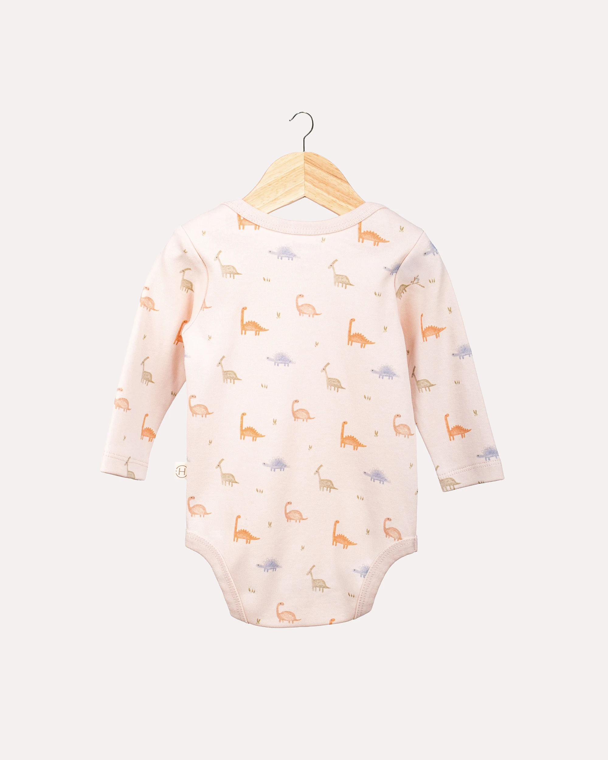 %100 Organik Pamuk GOTS Sertifikalı Uzun Kollu Dinozor Desenli Bebek Body/Zıbın - Ekru