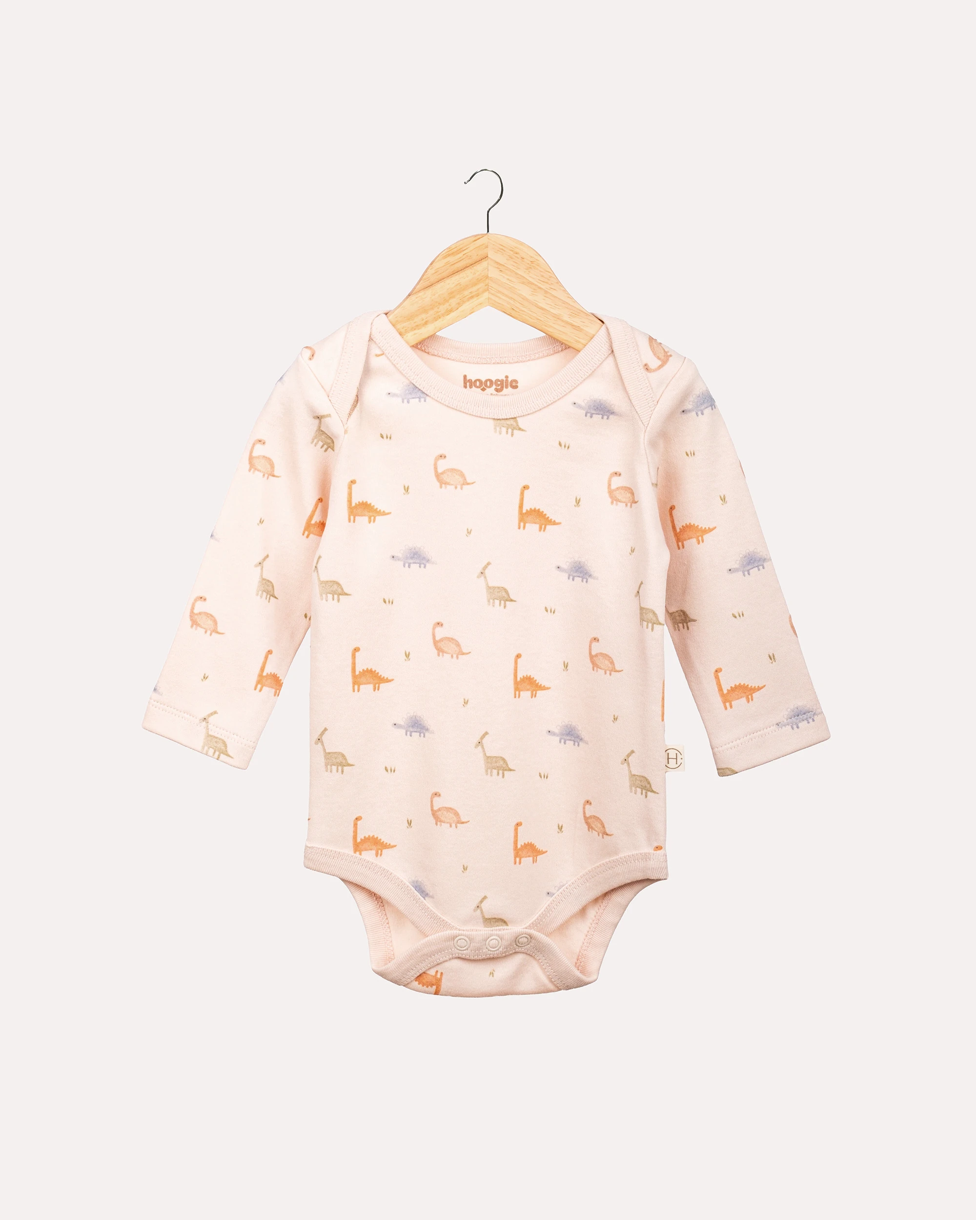 %100 Organik Pamuk GOTS Sertifikalı Uzun Kollu Dinozor Desenli Bebek Body/Zıbın - Ekru image