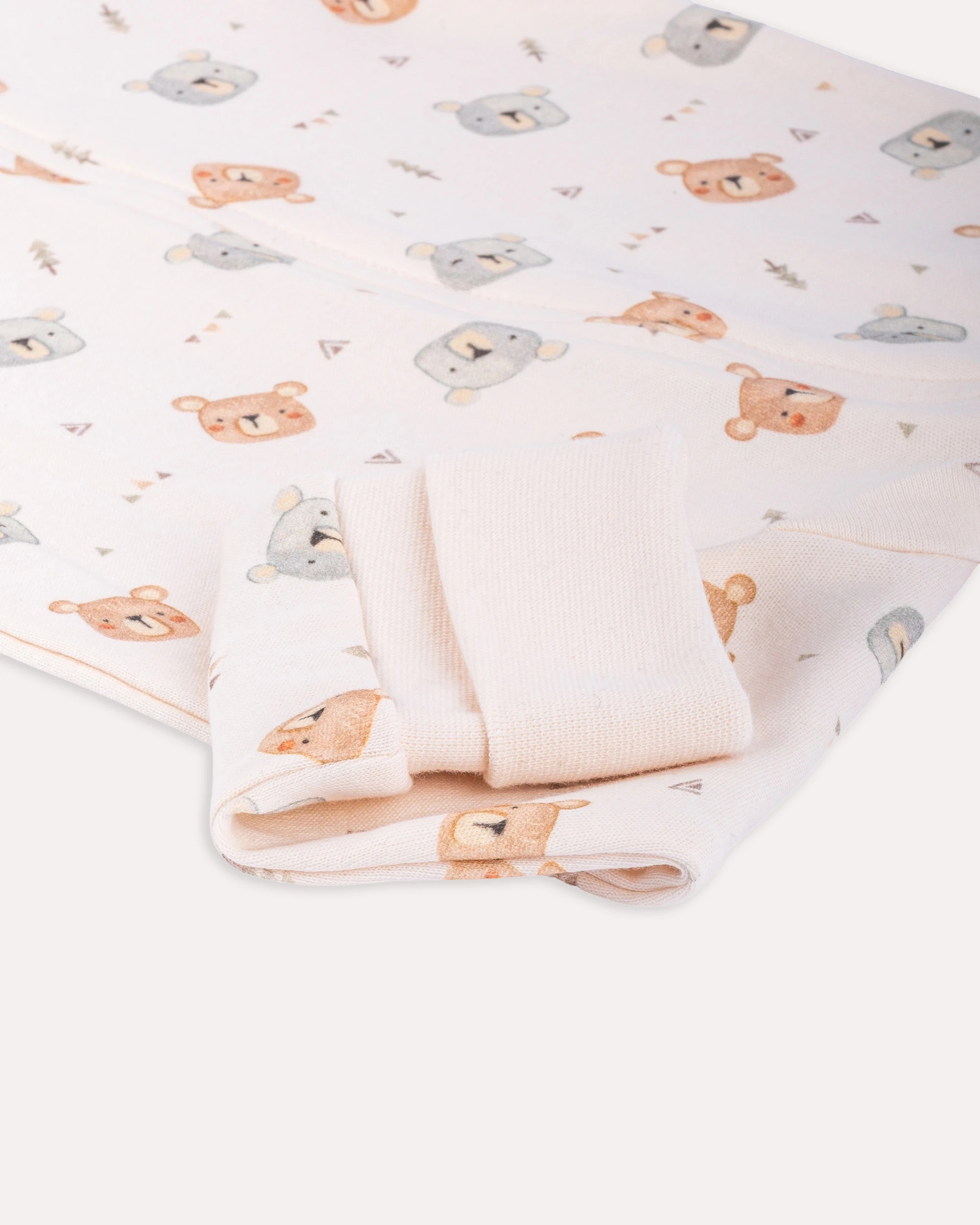%100 Organik Pamuk GOTS Sertifikalı Fermuarlı Teddy Bebek Tulum - Ekru/Ayıcık Desenli