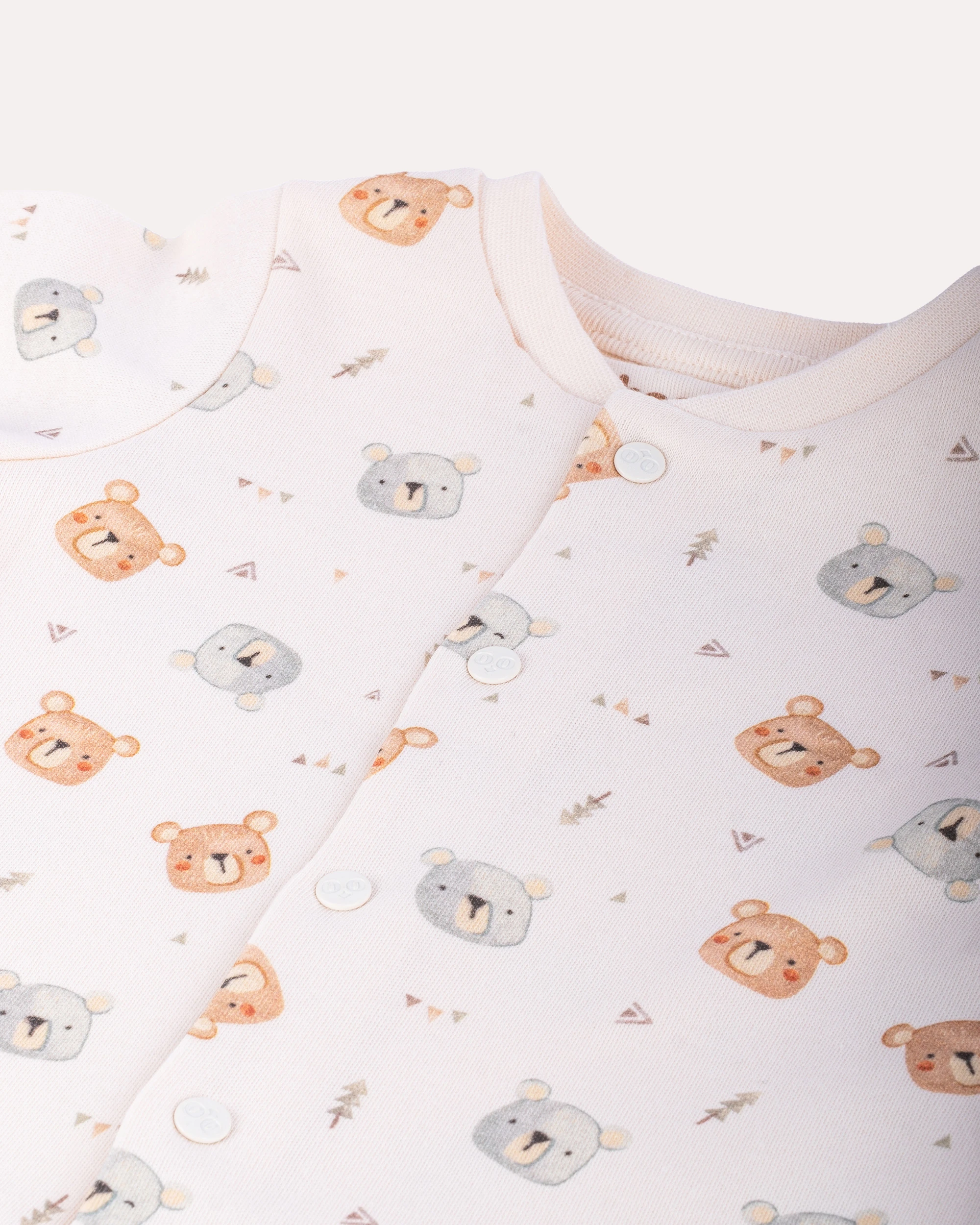 %100 Organik Pamuk GOTS Sertifikalı Patikli Çıtçıtlı Teddy Bebek & Yenidoğan Tulum - Ekru / Ayıcık Desenli