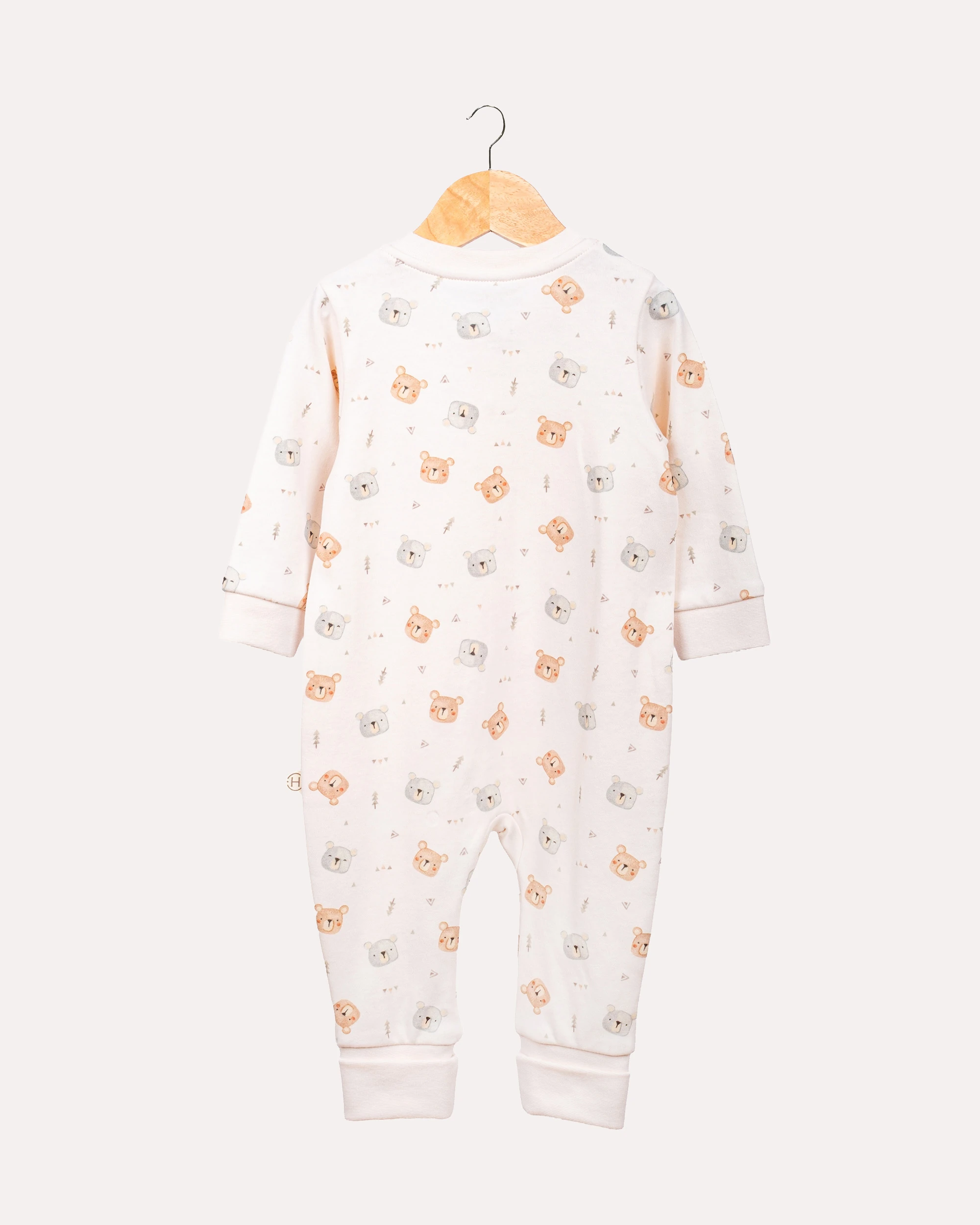 %100 Organik Pamuk GOTS Sertifikalı Fermuarlı Teddy Bebek Tulum - Ekru/Ayıcık Desenli