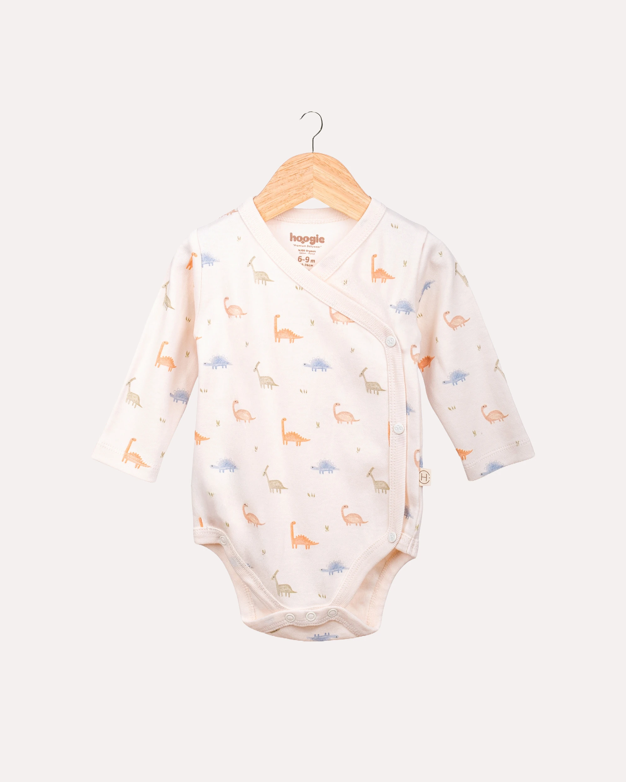 2’li Kruvaze Dinozor Desenli Bebek Body/Zıbın Seti - Ekru & Pudra
