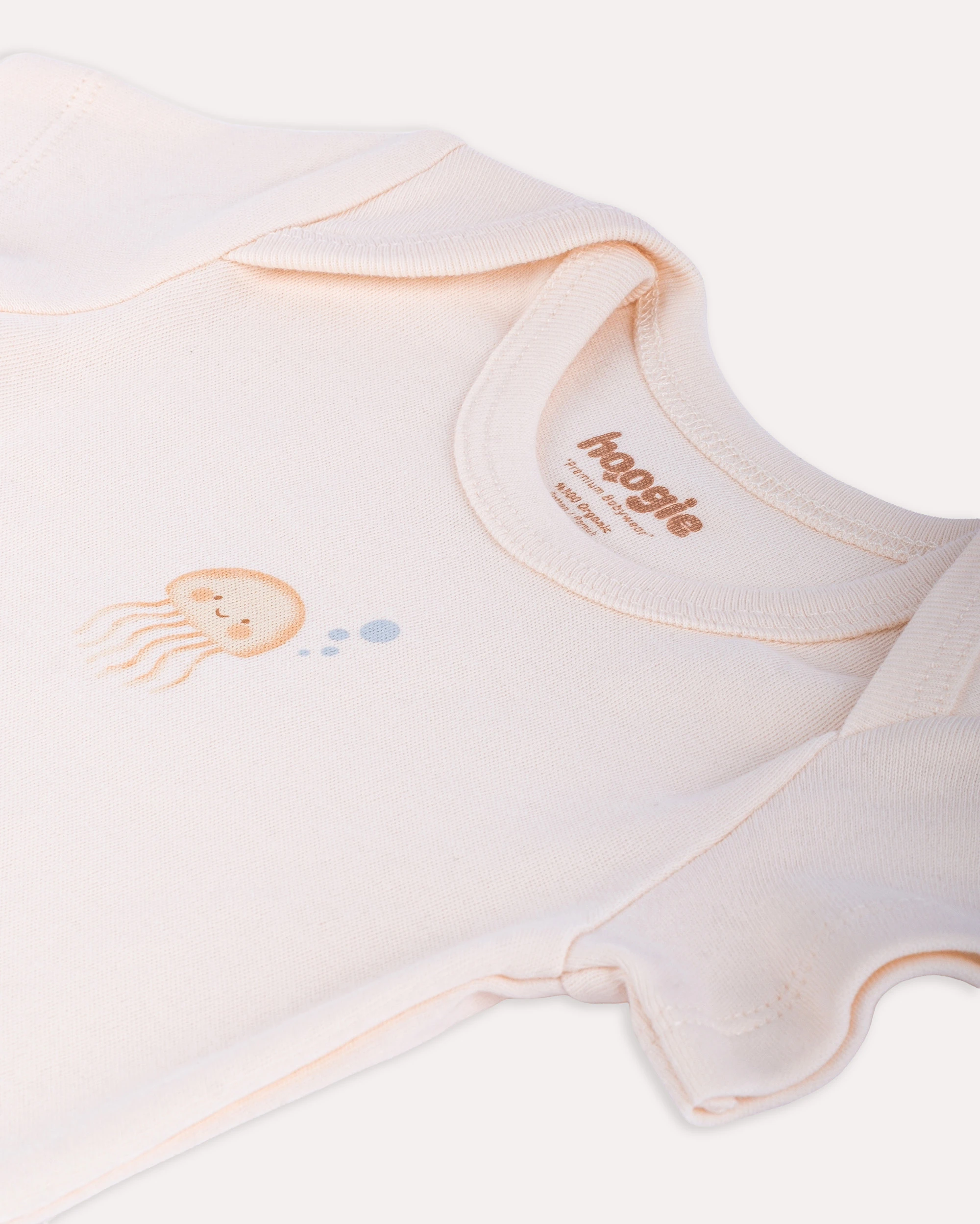 %100 Organik Pamuk GOTS Sertifikalı Kısa Kollu Octopus Desenli Bebek Body/Zıbın - Ekru