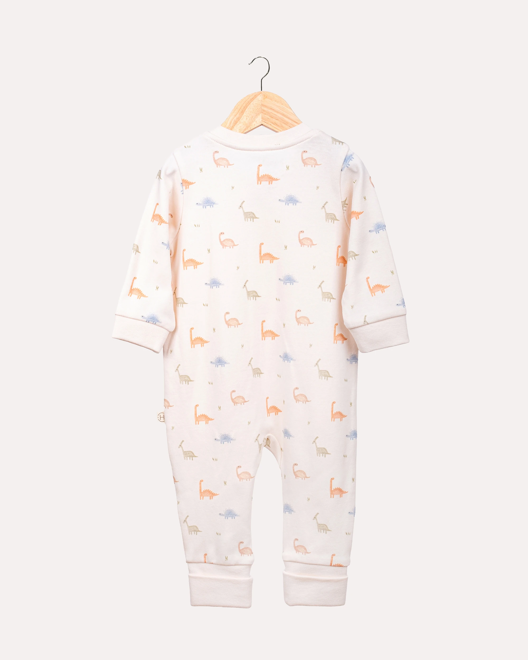%100 Organik Pamuk GOTS Sertifikalı Fermuarlı Dinosaur Bebek Tulum - Ekru/Dinozor Desenli
