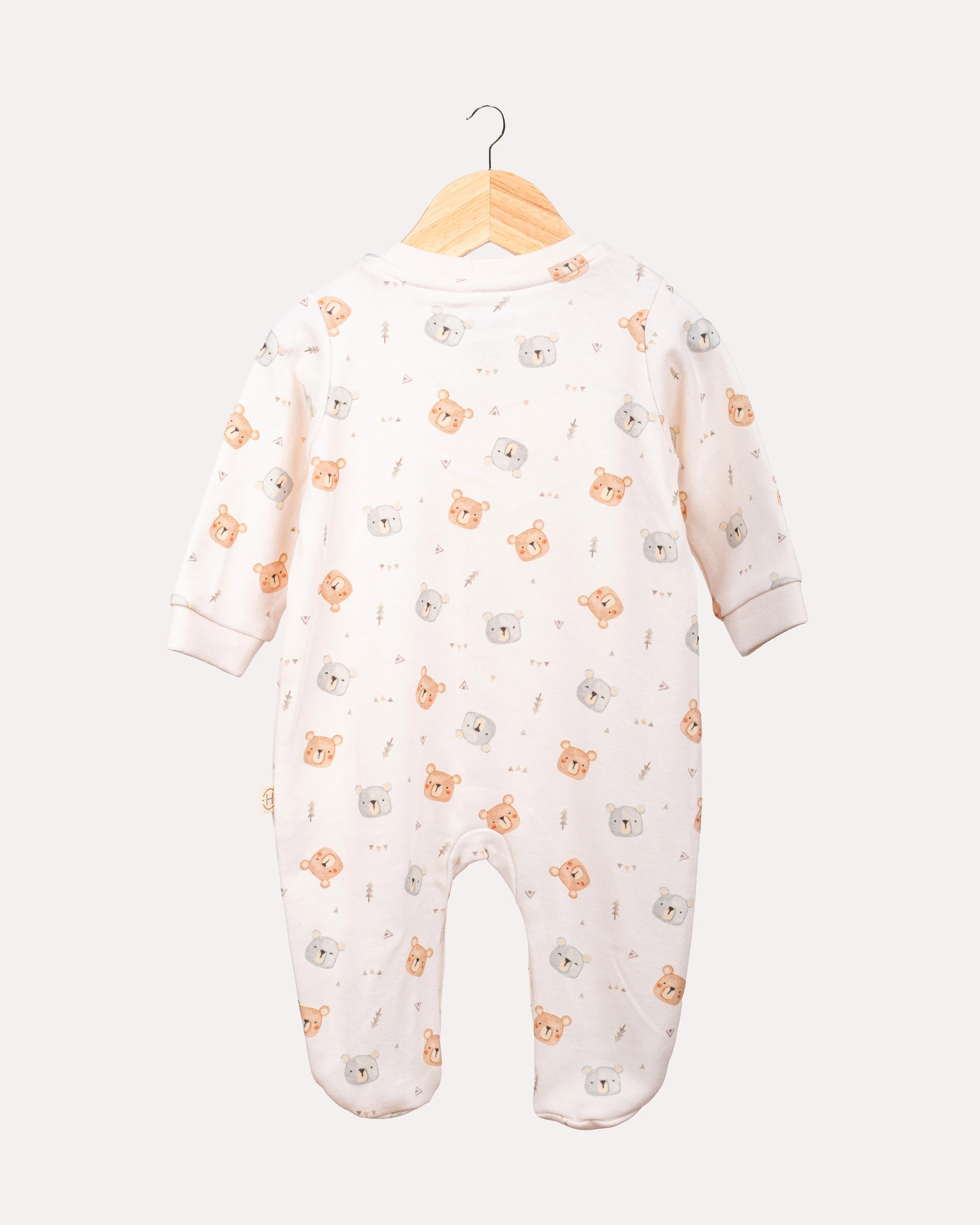 %100 Organik Pamuk GOTS Sertifikalı Patikli Çıtçıtlı Teddy Bebek & Yenidoğan Tulum - Ekru / Ayıcık Desenli