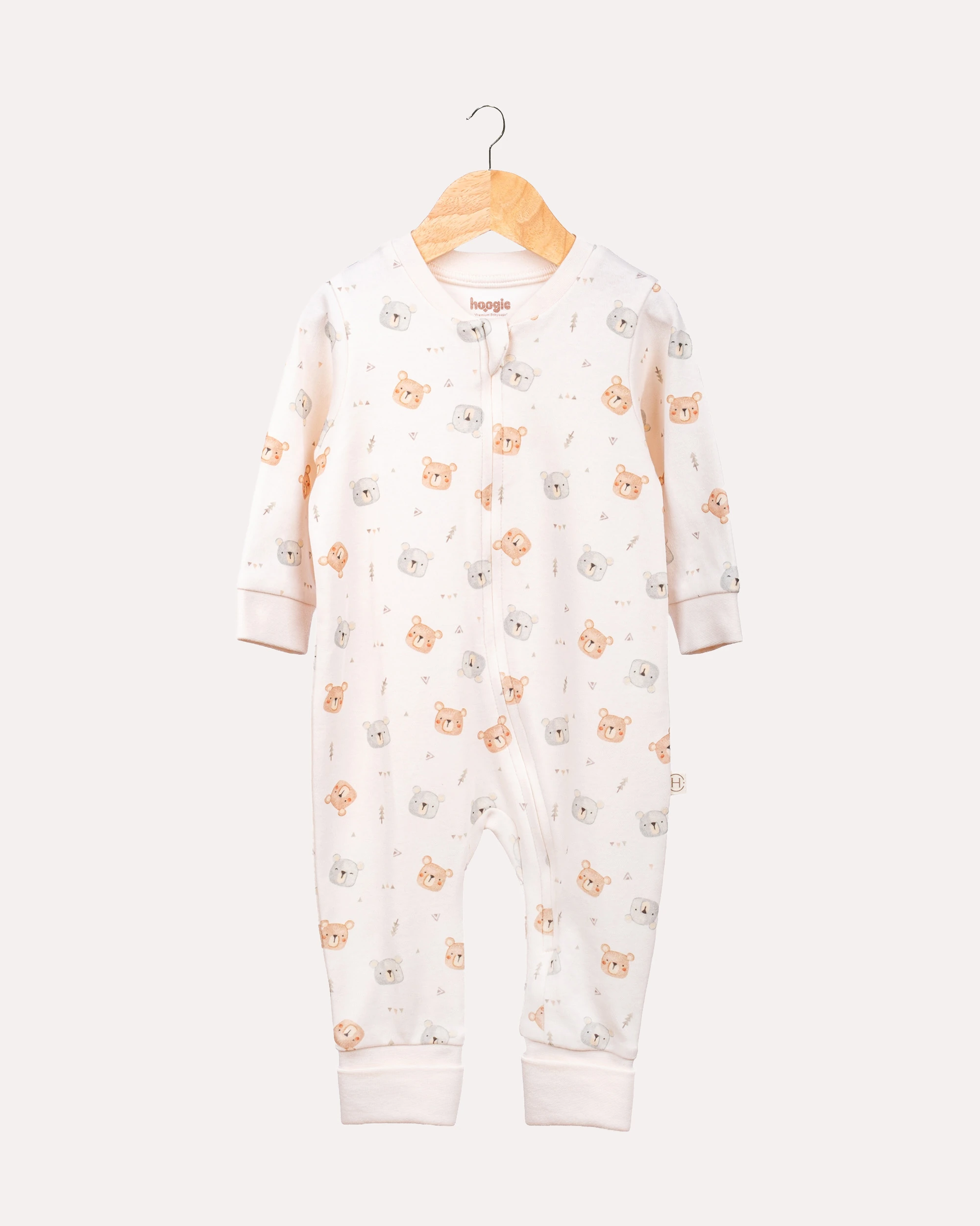 %100 Organik Pamuk GOTS Sertifikalı Fermuarlı Teddy Bebek Tulum - Ekru/Ayıcık Desenli image