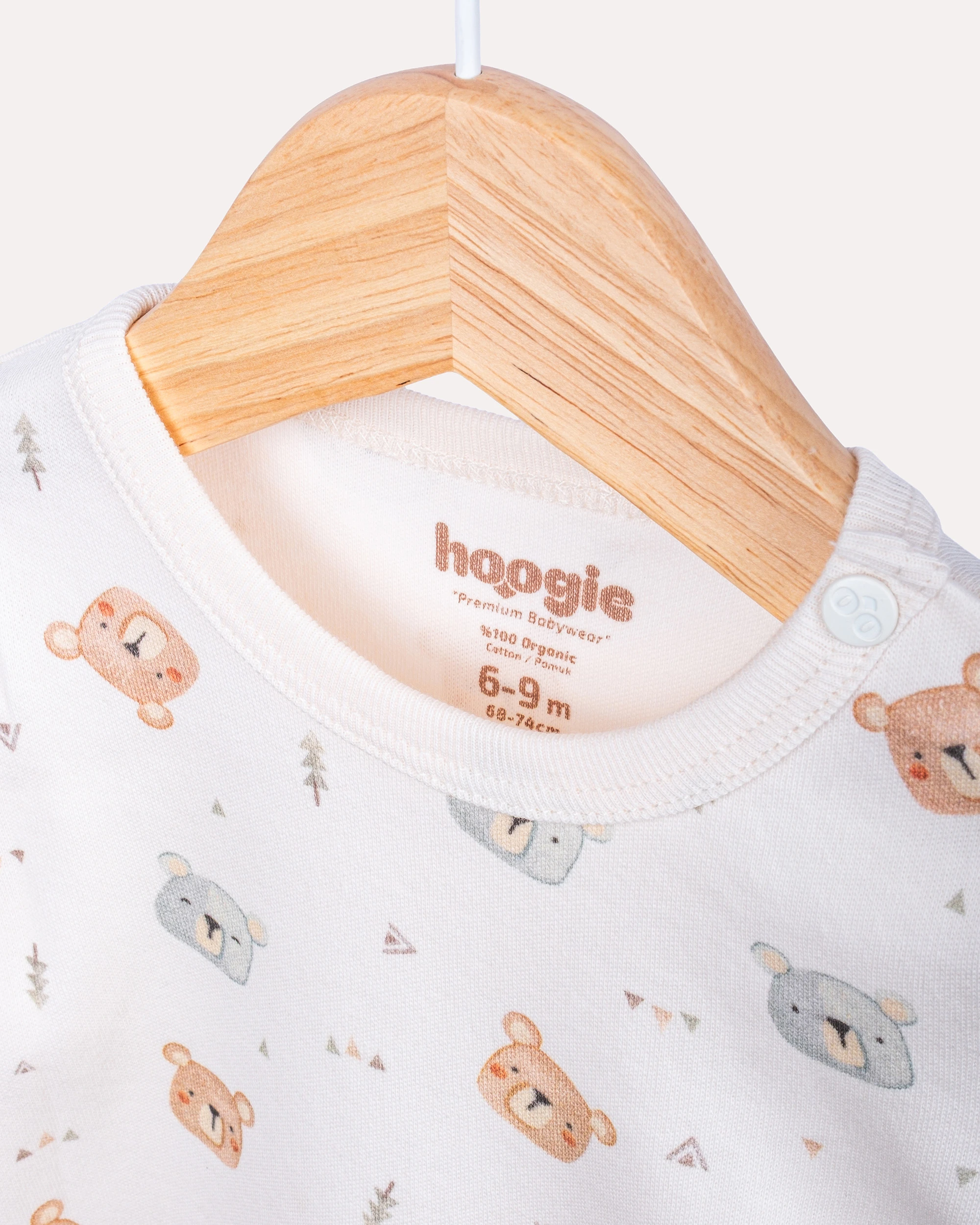 %100 Organik Pamuk GOTS Sertifikalı Uzun Kollu Teddy Desenli Bebek Body/Zıbın - Ekru