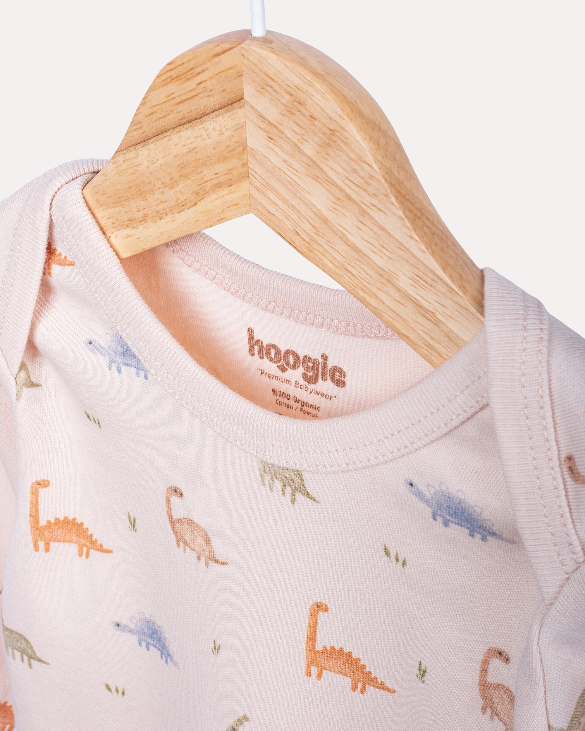 %100 Organik Pamuk GOTS Sertifikalı Uzun Kollu Dinozor Desenli Bebek Body/Zıbın - Ekru