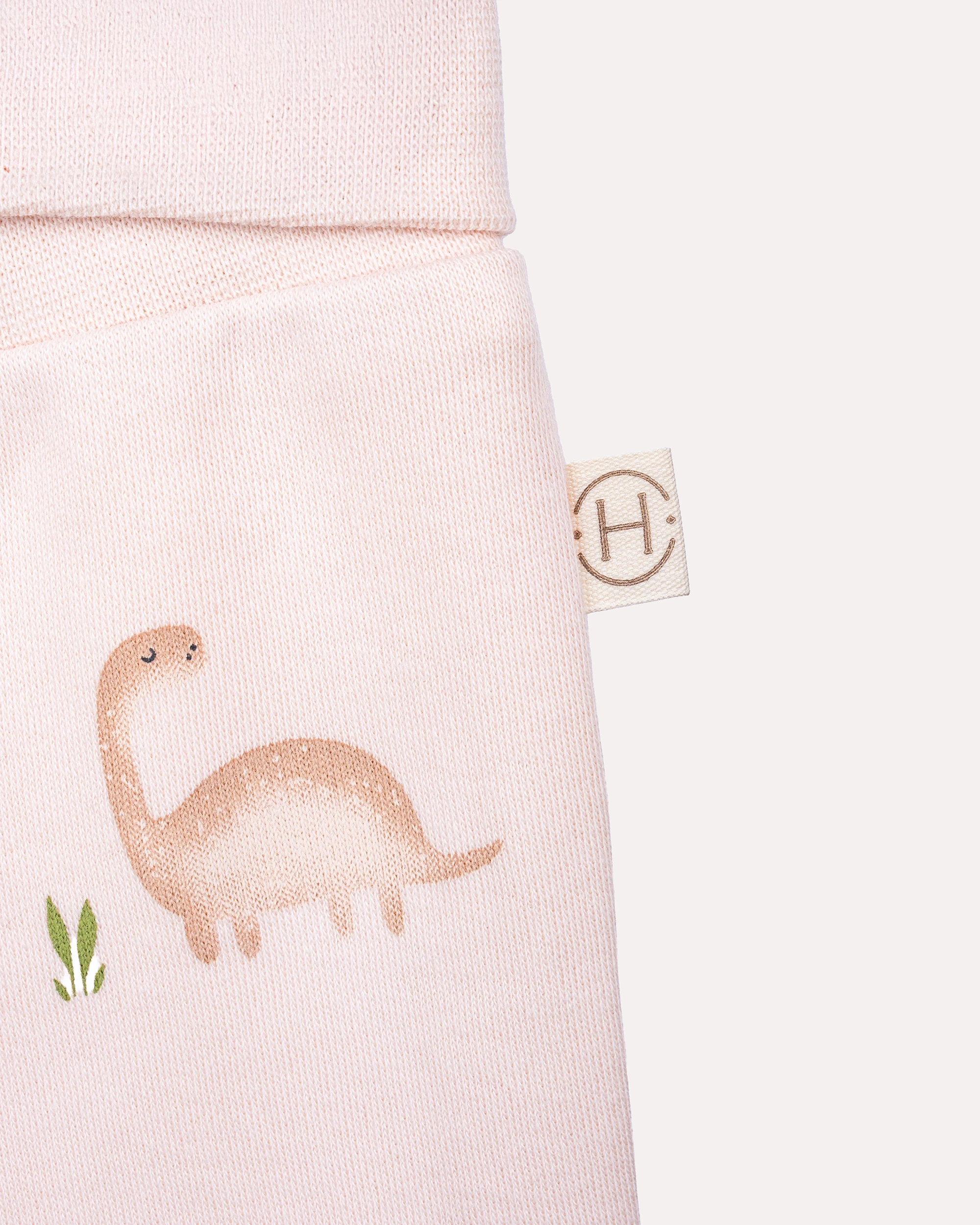%100 Organik Pamuk GOTS Sertifikalı Patikli Dinozor Desenli Bebek Pantolon - Pudra
