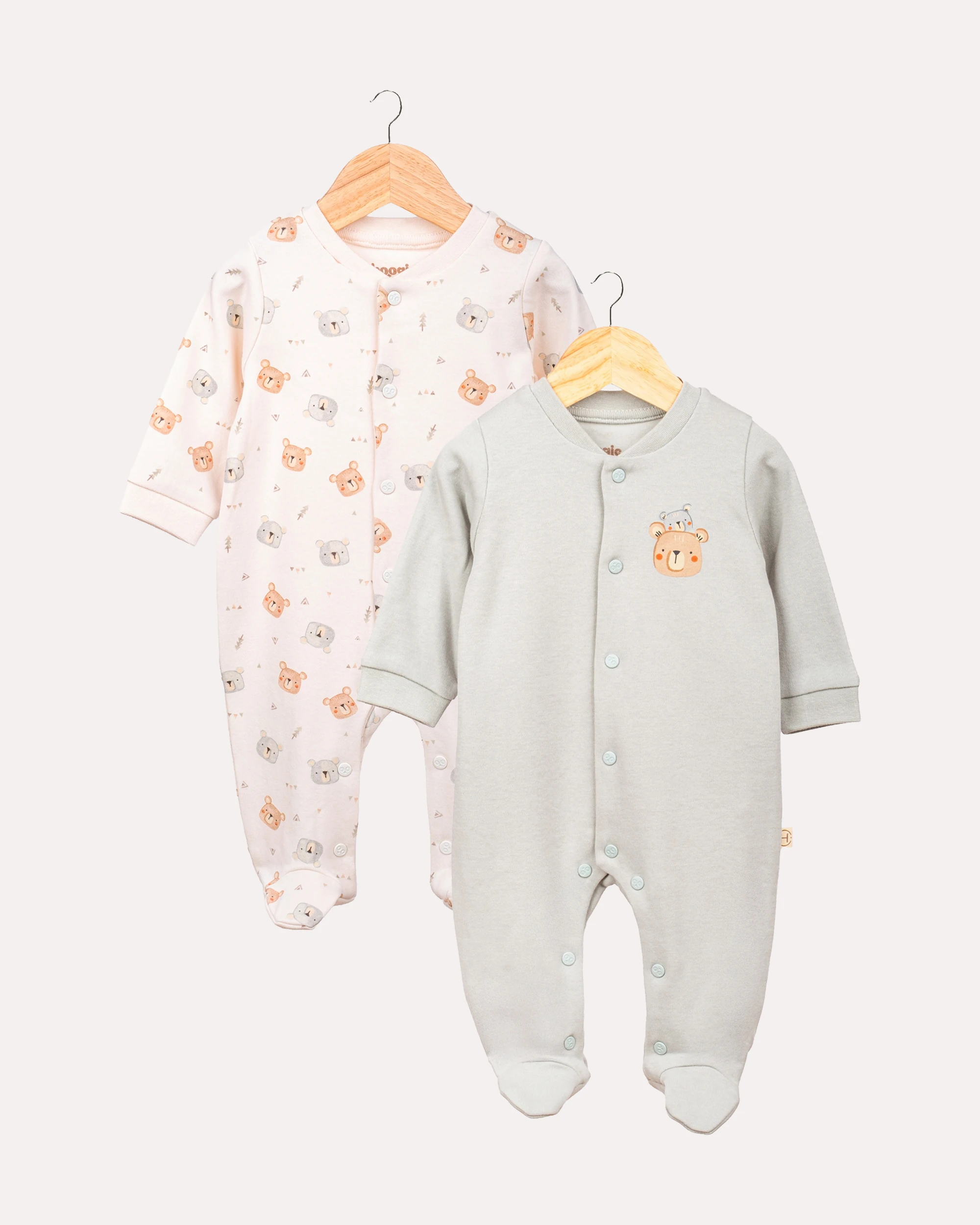 2'li Patikli Çıtçıtlı Teddy Bebek & Yenidoğan Tulum Seti - Ekru & Mint image