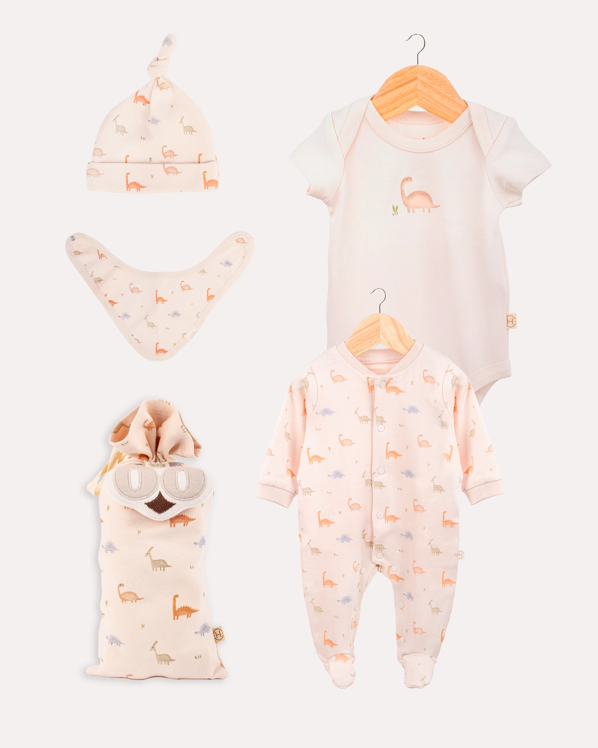 %100 Organik Pamuk GOTS Sertifikalı 4’lü Keseli Dinozor Yenidoğan Hastane Çıkışı Set - Pudra image