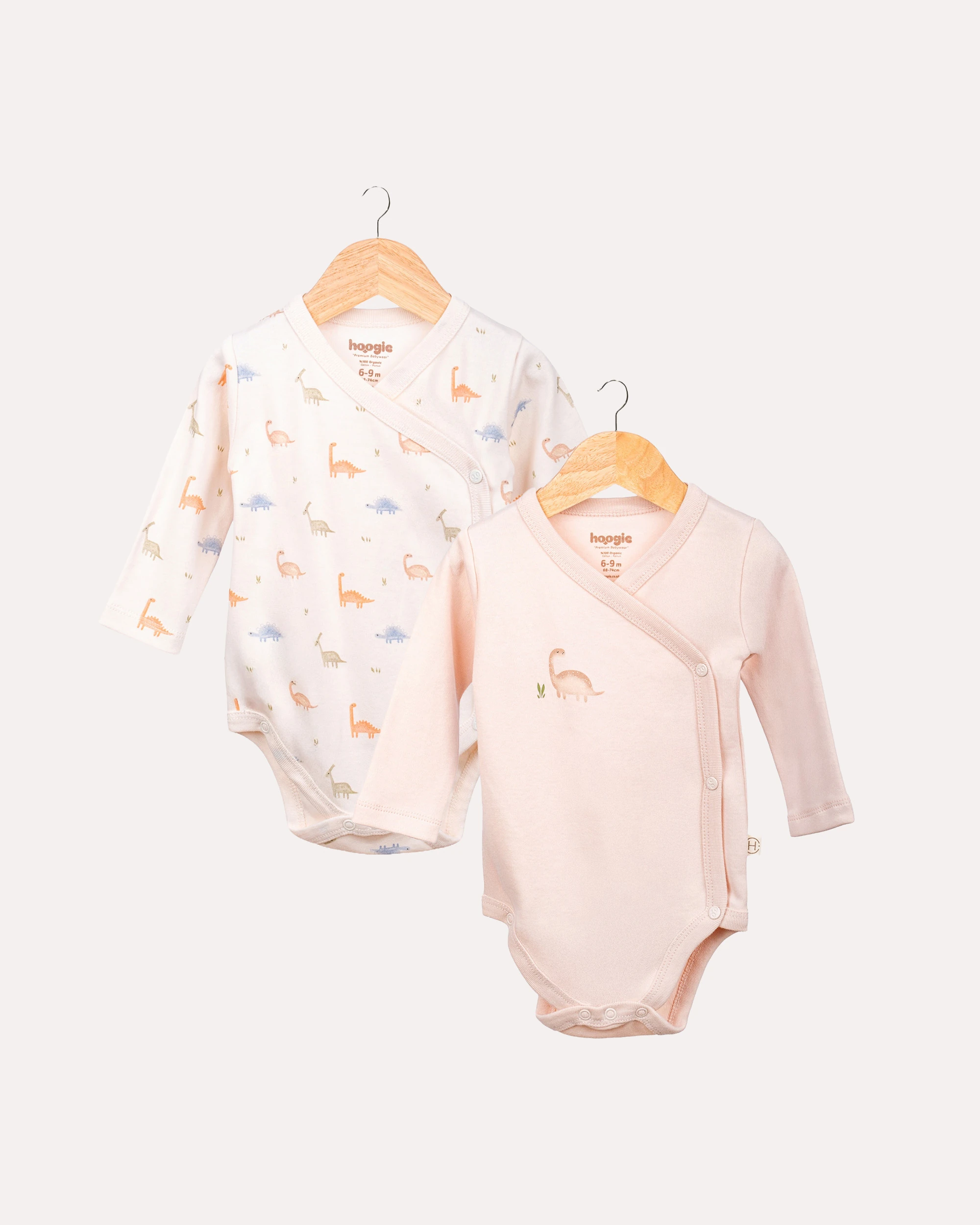 2’li Kruvaze Dinozor Desenli Bebek Body/Zıbın Seti - Ekru & Pudra image