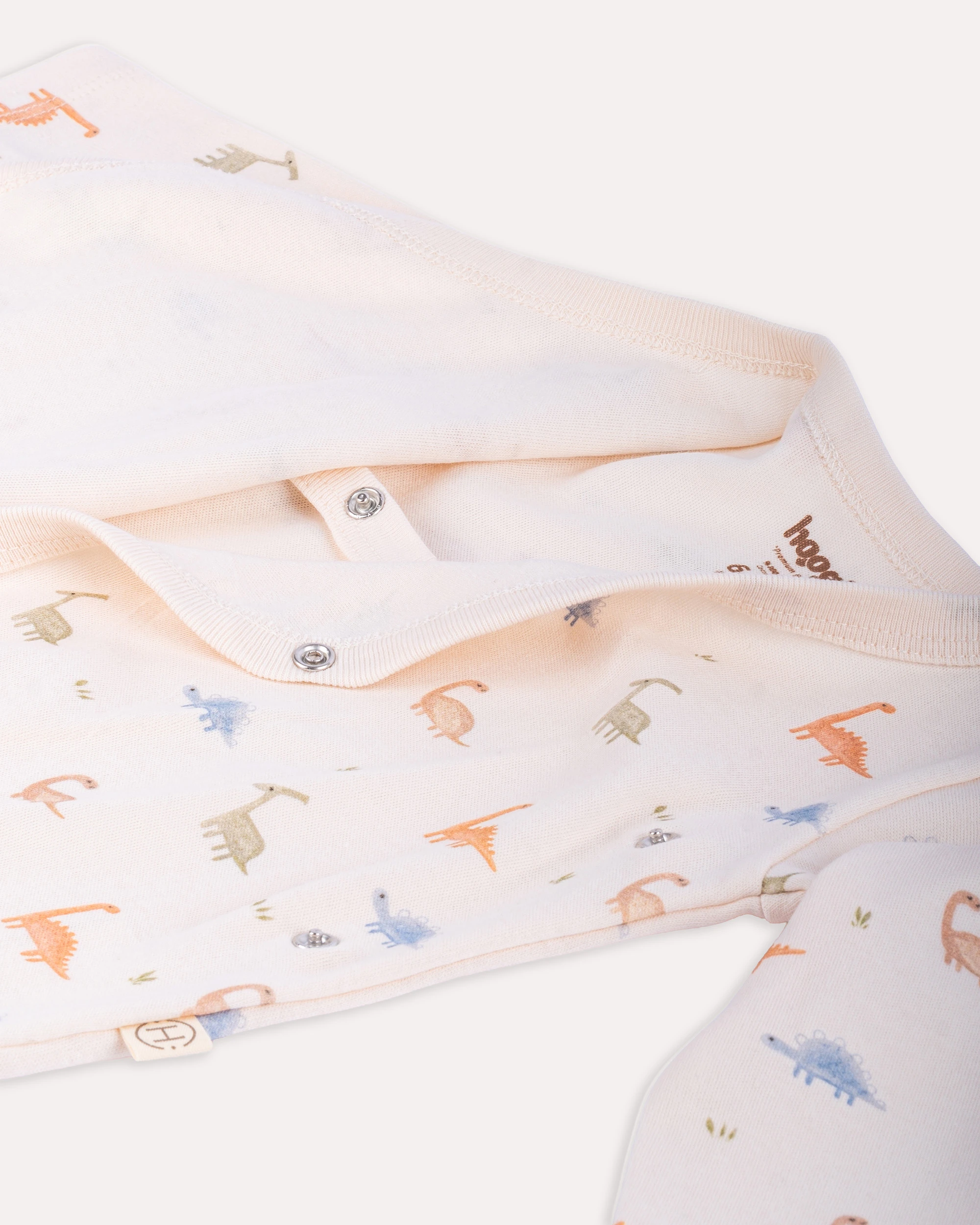 %100 Organik Pamuk GOTS Sertifikalı Kruvaze Dinozor Desenli Bebek Body/Zıbın - Ekru