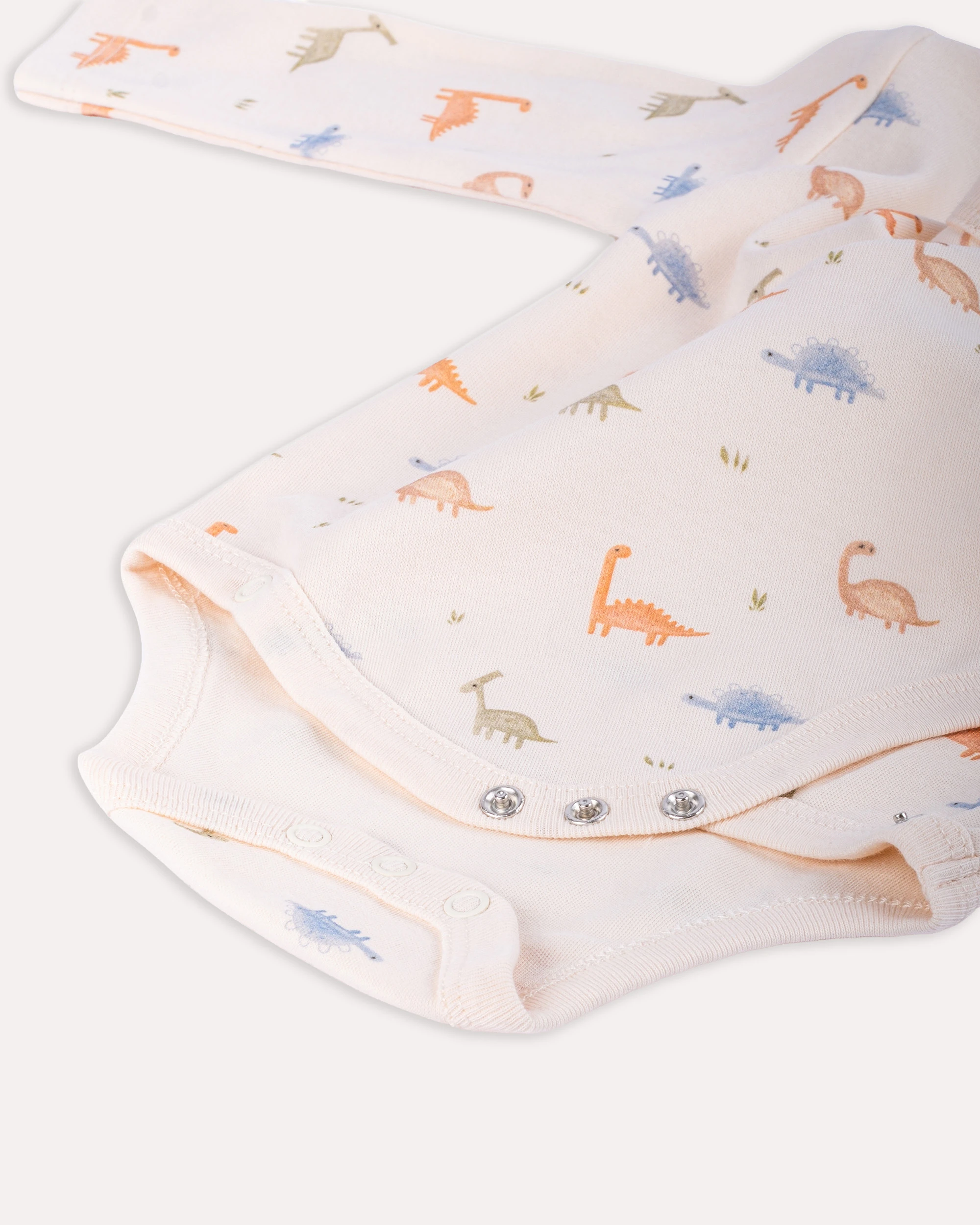 2’li Kruvaze Dinozor Desenli Bebek Body/Zıbın Seti - Ekru & Pudra