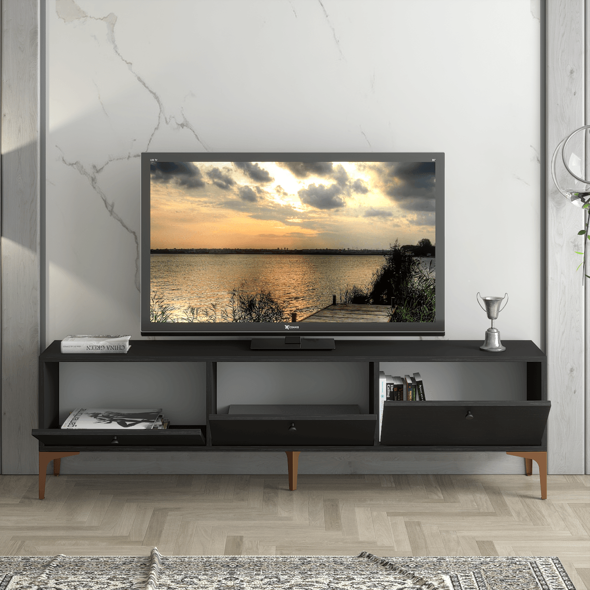 Wood'n Love Etna Premium Bakır Metal Ayaklı 160 Cm Tv Ünitesi - Wood Siyah / Bakır
