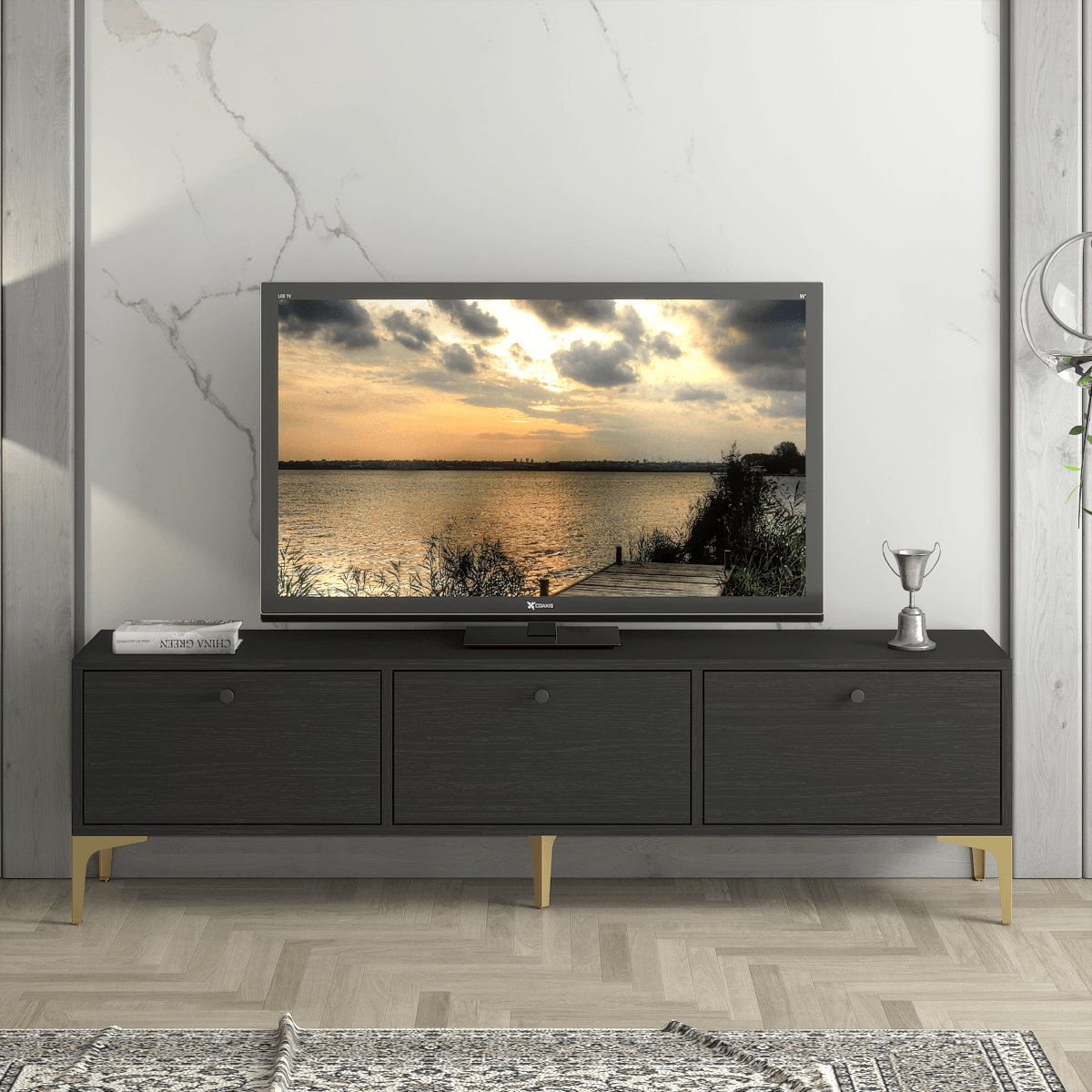 Wood'n Love Etna Premium 160 Cm Tv Ünitesi - Wood Siyah / Altın