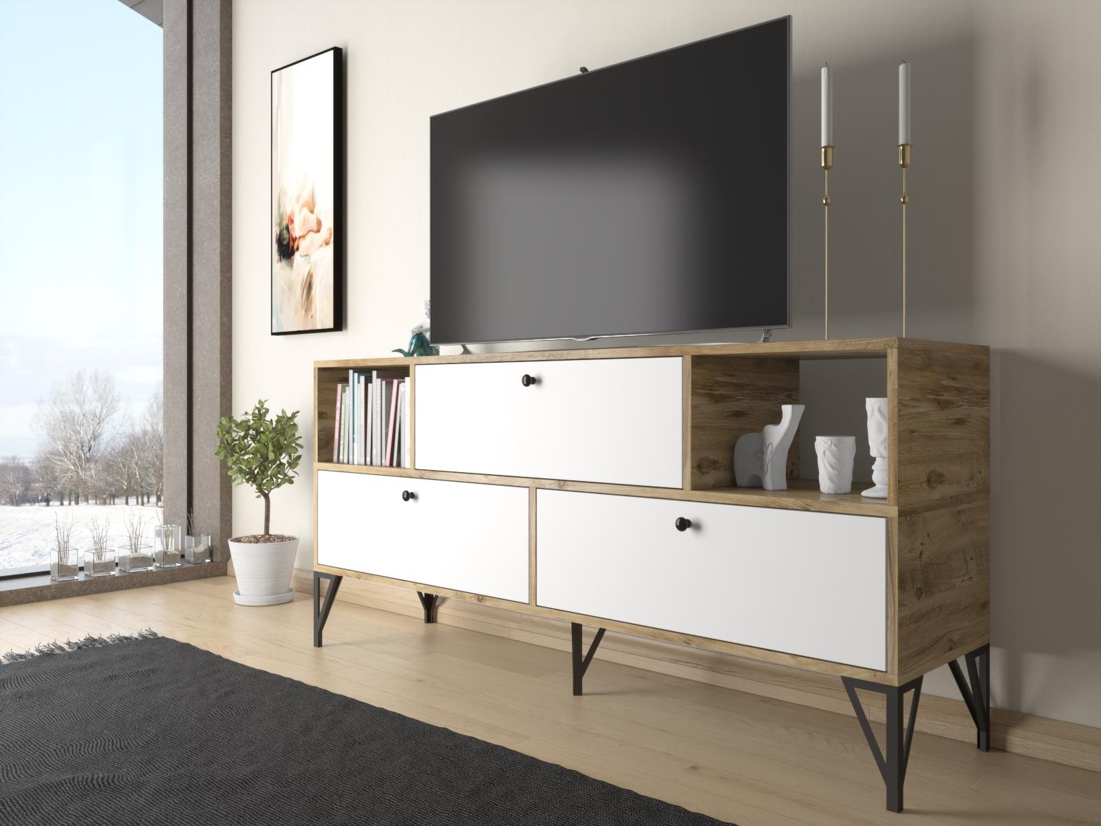 Wood'n Love Mia 160 Cm Metal Ayaklı Tv Ünitesi - Konsol - Atlantik Çam - Beyaz / Siyah