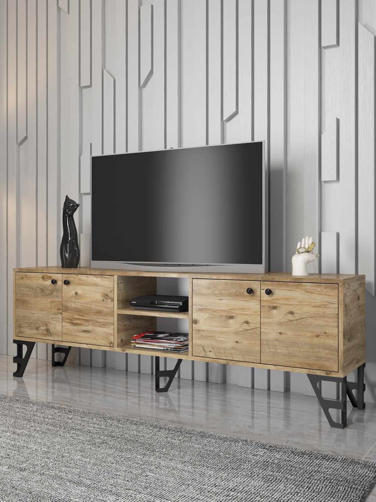 Wood'n Love Sofia 180 Cm Metal Ayaklı Tv Ünitesi - Atlantik Çam / Siyah