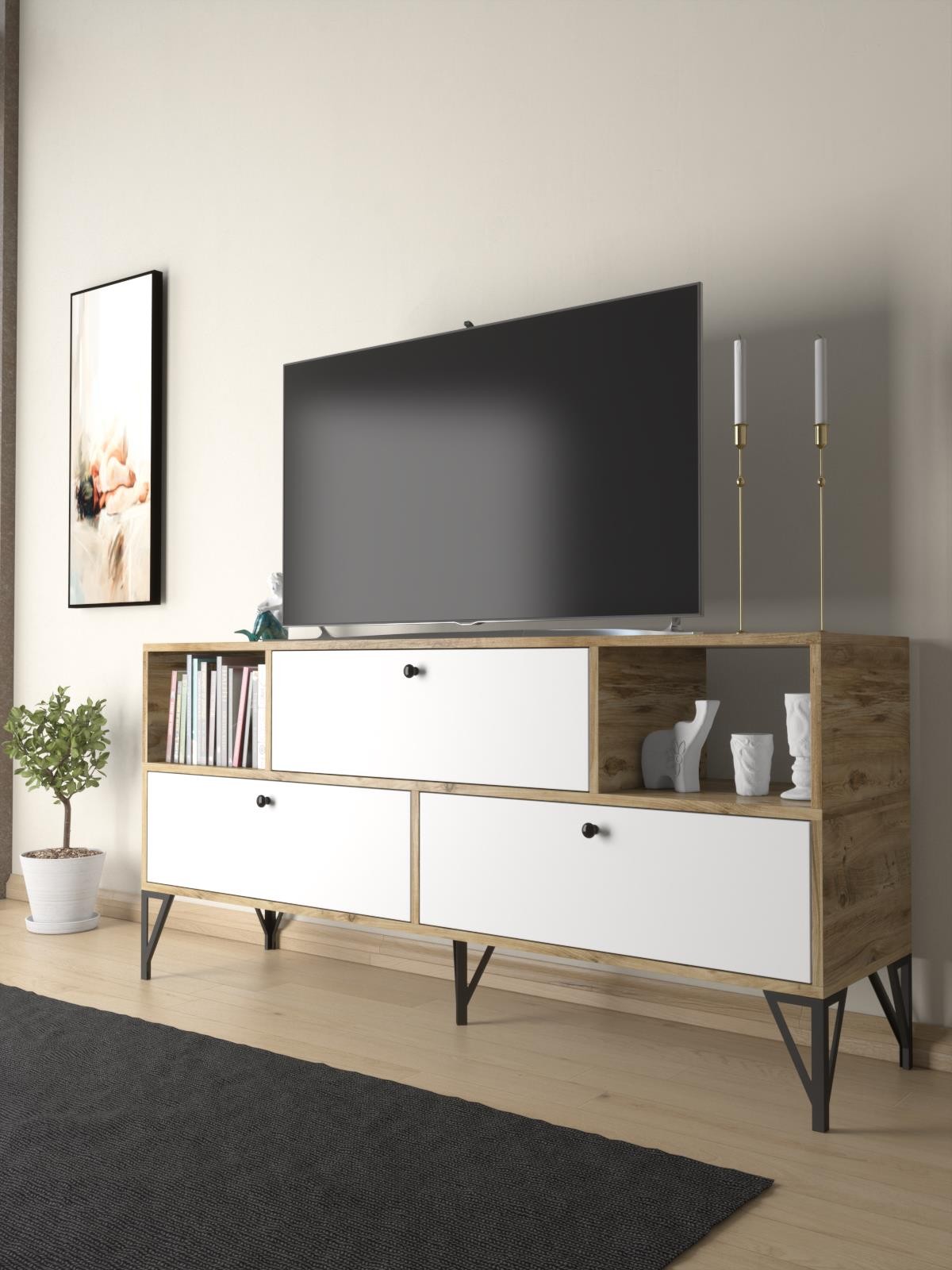 Wood'n Love Mia 160 Cm Metal Ayaklı Tv Ünitesi - Konsol - Atlantik Çam - Beyaz / Siyah