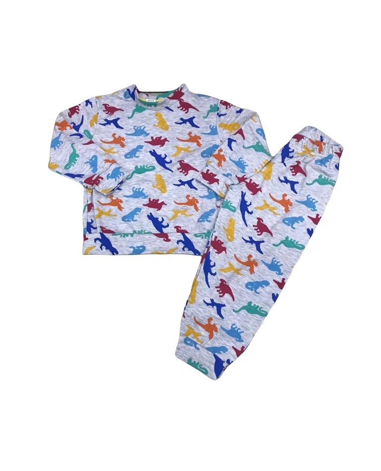 Soie Cotton Erkek Çocuk Dinazor Baskılı Likralı Pijama Takımı  - Gri - 100009931