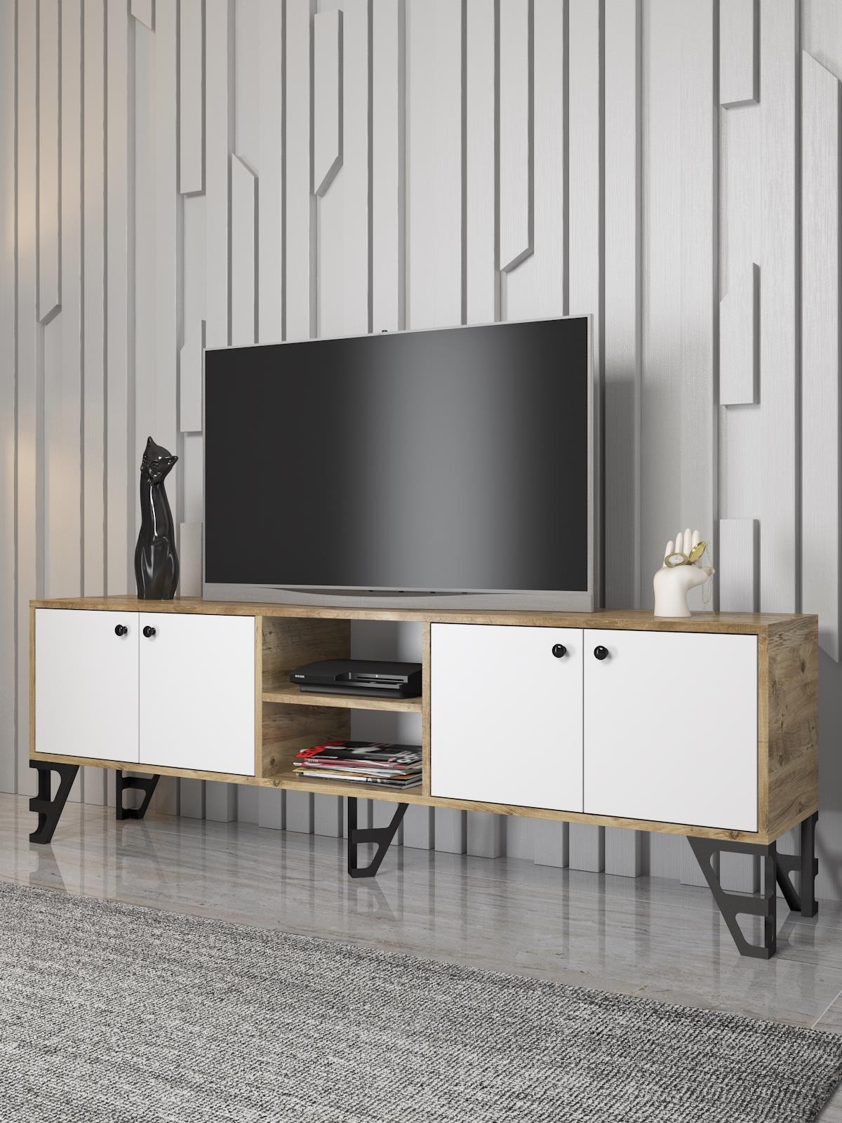 Wood'n Love Sofia 180 Cm Metal Ayaklı Tv Ünitesi - Atlantik Çam - Beyaz / Siyah