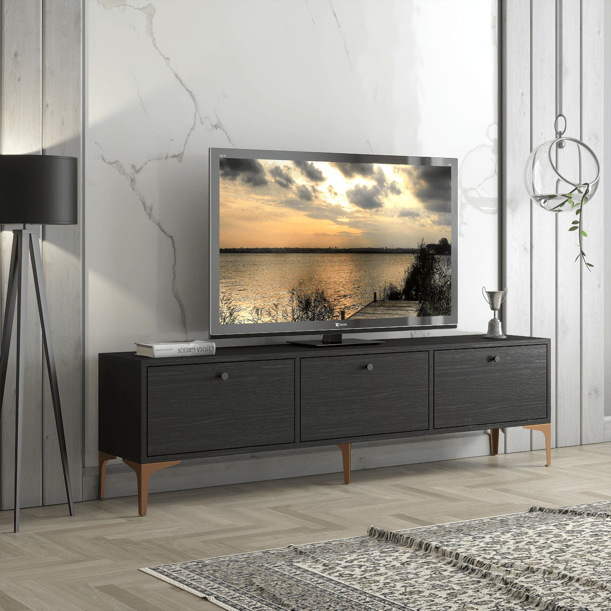 Wood'n Love Etna Premium Bakır Metal Ayaklı 160 Cm Tv Ünitesi - Wood Siyah / Bakır