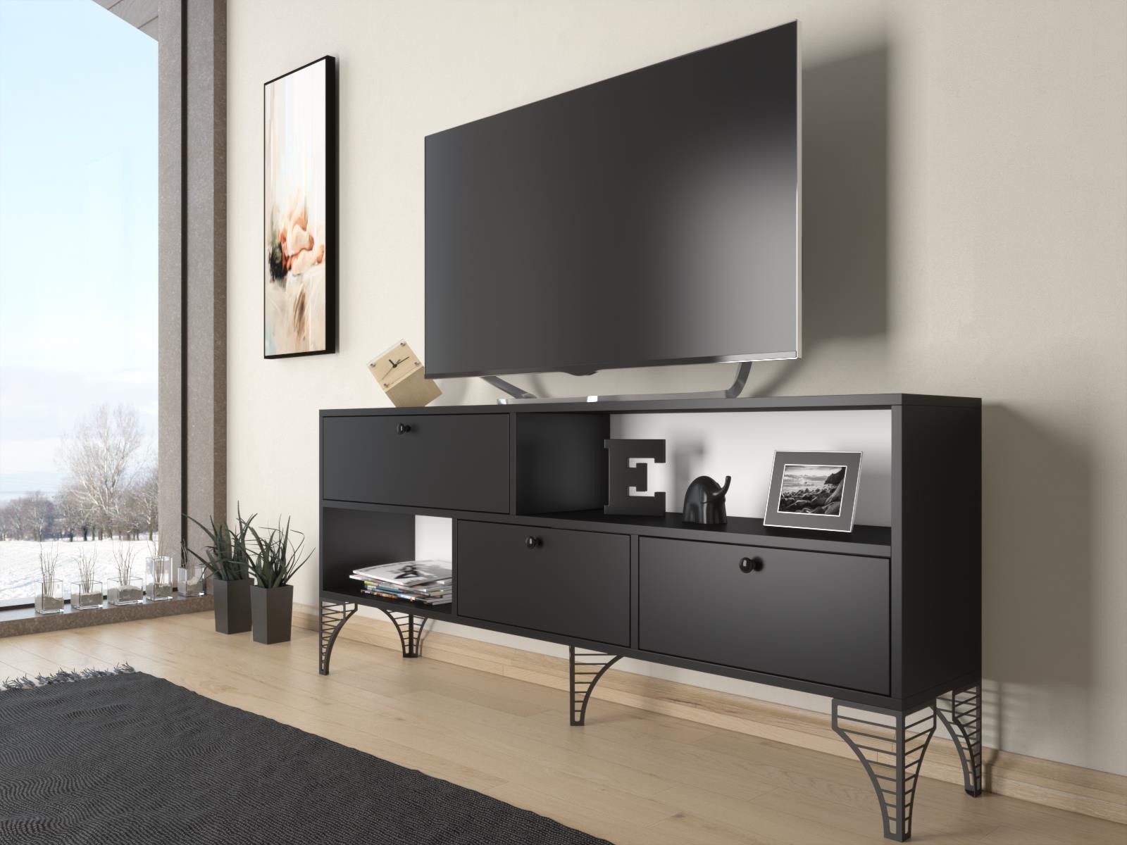 Wood'n Love Katre 150 Cm Metal Ayaklı Tv Ünitesi - Siyah / Siyah